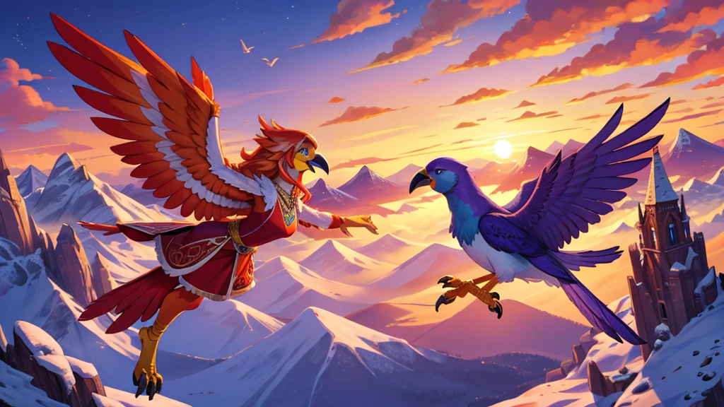 side view, bright colors, fantasy style art, horizontal character, beautiful anthropomorphic female bird, mature and young, tall character, 5 feet 11 inches tall, bird body, bird head and beak, bird legs, bird arms, only wings, two large bird wings, giant wings, wings spread wide, long bird tail, orange red and purple bird feathers, blue eyes, orange feathers, long wavy bright orange hair, shapely body, skinny body, healthy body, purple and red warrior outfit, ornate red clothes, fancy purple patterns and symbols, 2 red dress coattails hanging down her sides, yellow bird claw feet, flying with joy over a mountain, at the mountain peak, sunset, brilliant cloudy sky, sunset lighting up the clouds, flying high, soaring in midair, soaring above the mountains, happy expression, mouth open, high quality digital art, 2k, professional illustration, highly detailed