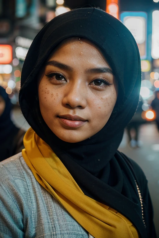 candid Malay Muslim woman with little freckles on face Hijab in vibrant Bukit Bintang streets, symmetrical composition, 35mm, cinematic photography --ar 5:4 --s 200