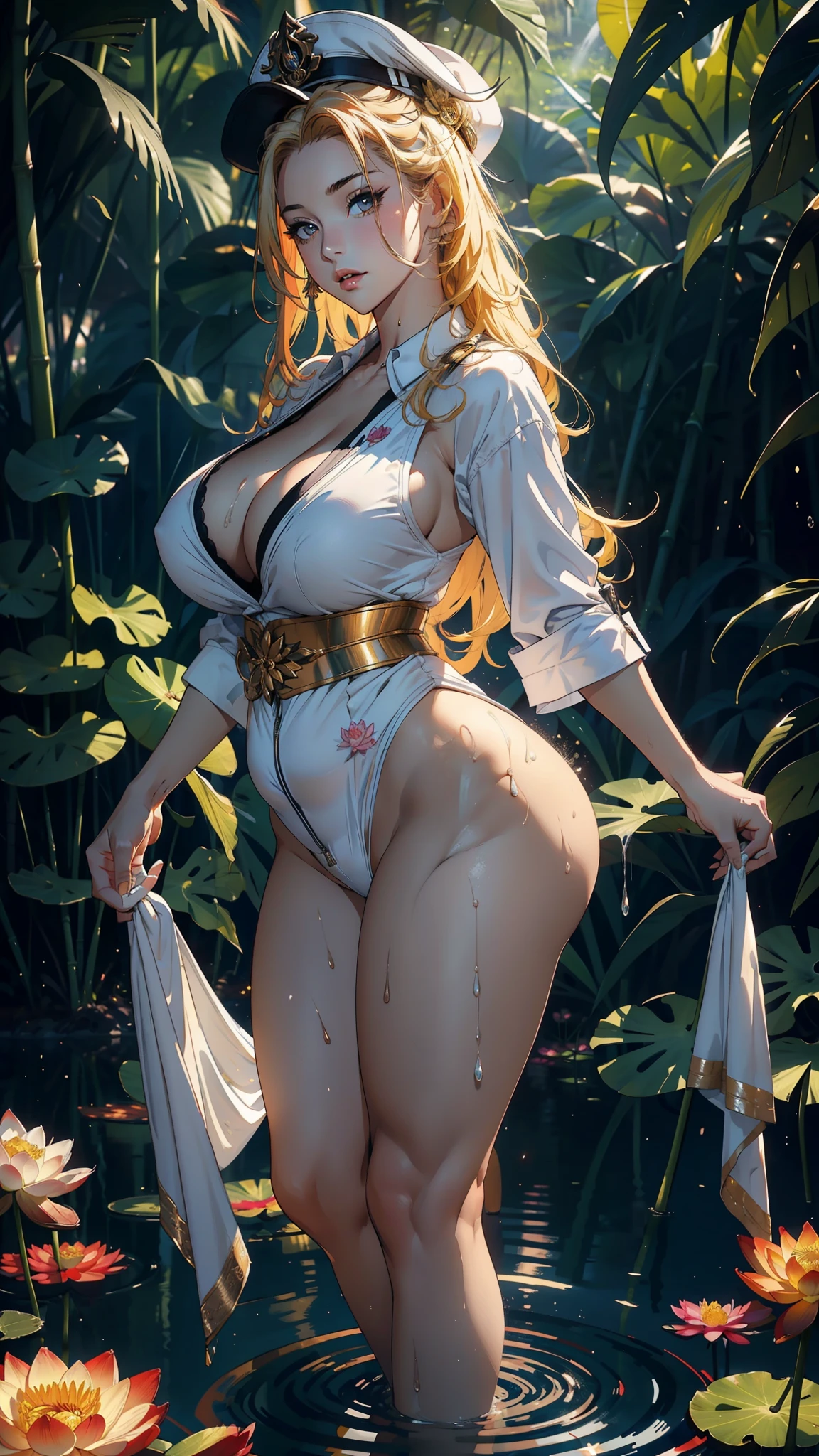 Queen 35yo,,long leges,Big n waist,curvy, Wide hips,huge-breasted ,Pornoc exposureo,(Background with:bamboo forrest,lotuses,lotus flower,exteriors,Lotus pond) She has loong yellow hair,standing on your feet,Sweat profusely,drenched all over the body,seen from the front, hair straight, mostly cloudy sky,(((tmasterpiece),(Very detailed CG unity 8K wallpaper),best qualtiy,cinmatic lighting,detailed back ground,beatiful detailed eyes,Bright pupils,Black eyes,(Very fine and beautiful),(Beautiful and detailed eye description),ultra - detailed,tmasterpiece,)),facing at camera,A high resolution,ultra - detailed),revealing breasts,Bare genitalia, Bgs are open,Raised sexy,Camel toes,Flushed complexiopen-montage,high school senior,Sailor's cap(Wearing yellow flower jumpsuit pajamas)Full body photo,wearing strap wedges, chubby