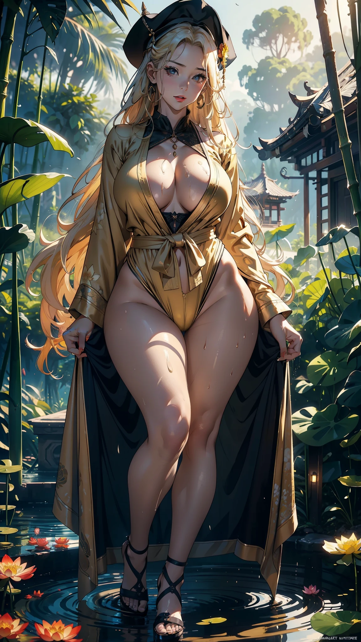 Queen 35yo，MILF，long leges，Big breasts Thin waist，curvy, Wide hips，huge-breasted ，Pornographic exposure， solo，（Background with：bamboo forrest，lotuses，lotus flower，exteriors，Lotus pond） She has loong yellow hair，standing on your feet，Sweat profusely，drenched all over the body，seen from the front， hair straight， mostly cloudy sky，（（（tmasterpiece），（Very detailed CG unity 8K wallpaper），best qualtiy，cinmatic lighting，detailed back ground，beatiful detailed eyes，Bright pupils，Black eyes，（Very fine and beautiful），（Beautiful and detailed eye description），ultra - detailed，tmasterpiece，）），facing at camera，A high resolution，ultra - detailed），revealing breasts，Bare genitalia，  Bulge，legs are open，Raised sexy，Camel toes，Flushed complexion，Open-mouthed，frontage，high school senior，Sailor's cap（Wearing yellow flower jumpsuit pajamas）Full body photo，wearing strap wedges, chubby