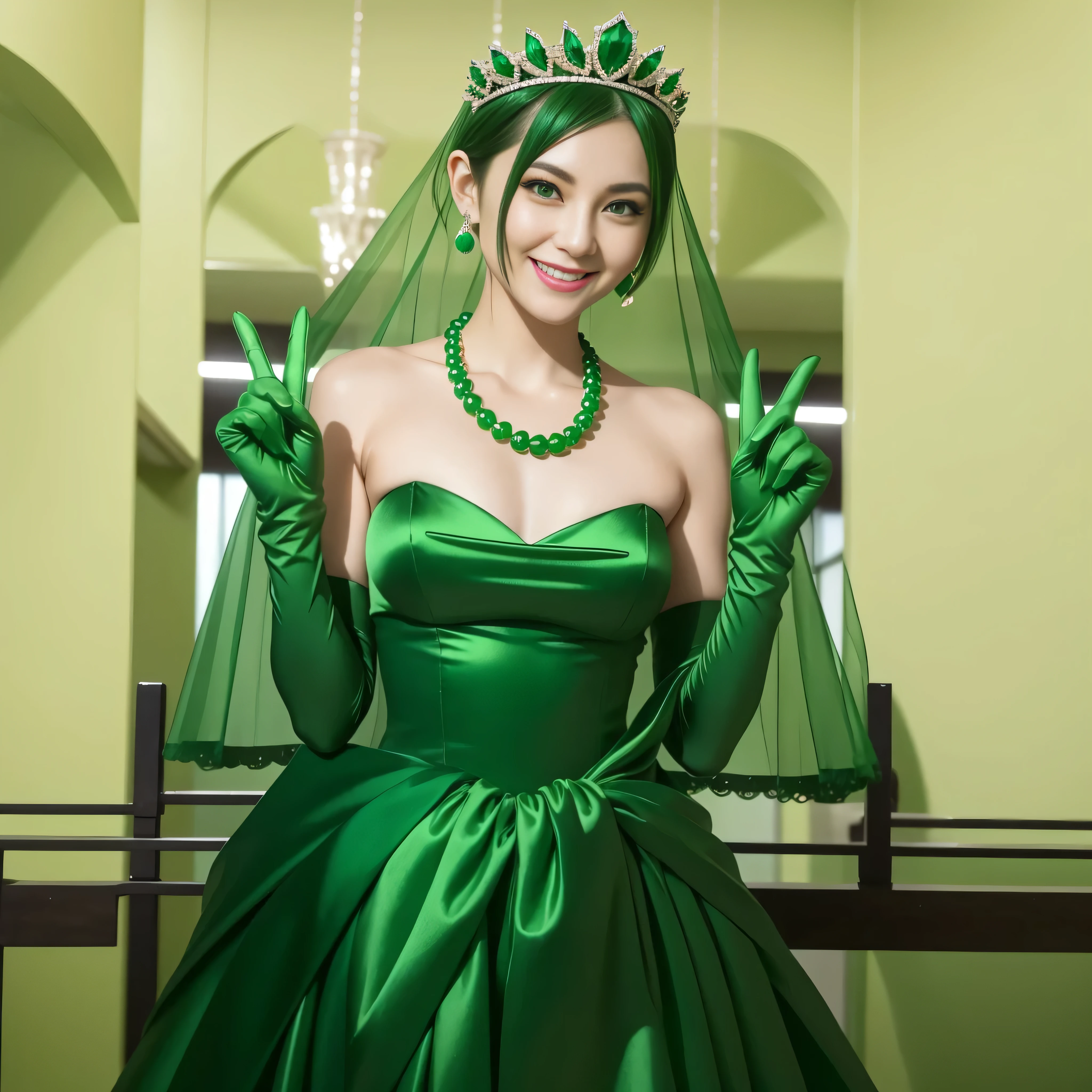 Emerald tiara, Green Pearl Necklace, Boyish very short green hair, lipstick, Smiling Japanese woman, Very short hair, Big and beautiful, Green Eyes, Long green satin gloves, Green Eyes, v sign, Emerald Earrings, Green veil
