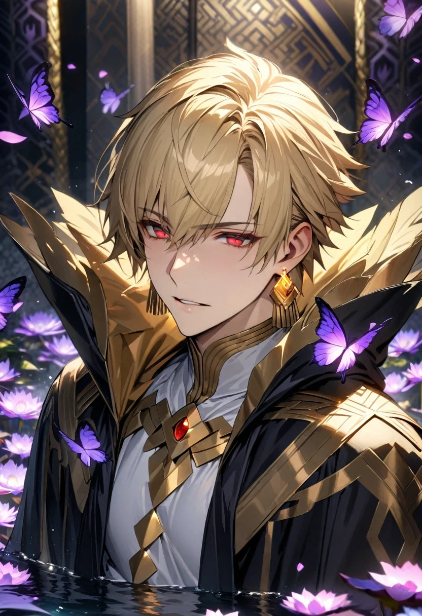 (absurdres, highres, ultra detailed, HDR), masterpiece, best quality, Gilgamesh, short hair, blonde hair, with bangs, expressive red eyes, finely eye and detailed face, fate grand order, solo, sexy man, handsome, mature face, golden earrings, black coat, white shirt, patterns, water, purple lotus, petals, purple butterflies