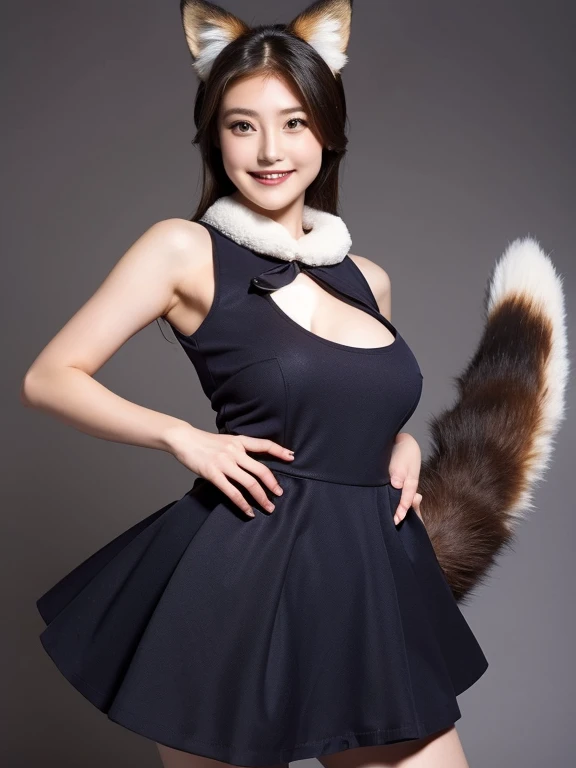 ((highest quality, 32k)), ((masterpiece)), (Familiar), Perfect Face, Fox Girl, beautiful, public, Has a tail, She has a fox tail, She wags her fluffy tail, Collars and Leads, Beautiful hip line, Big Breasts, She is wearing a dress, A tail sticks out from the skirt, smile