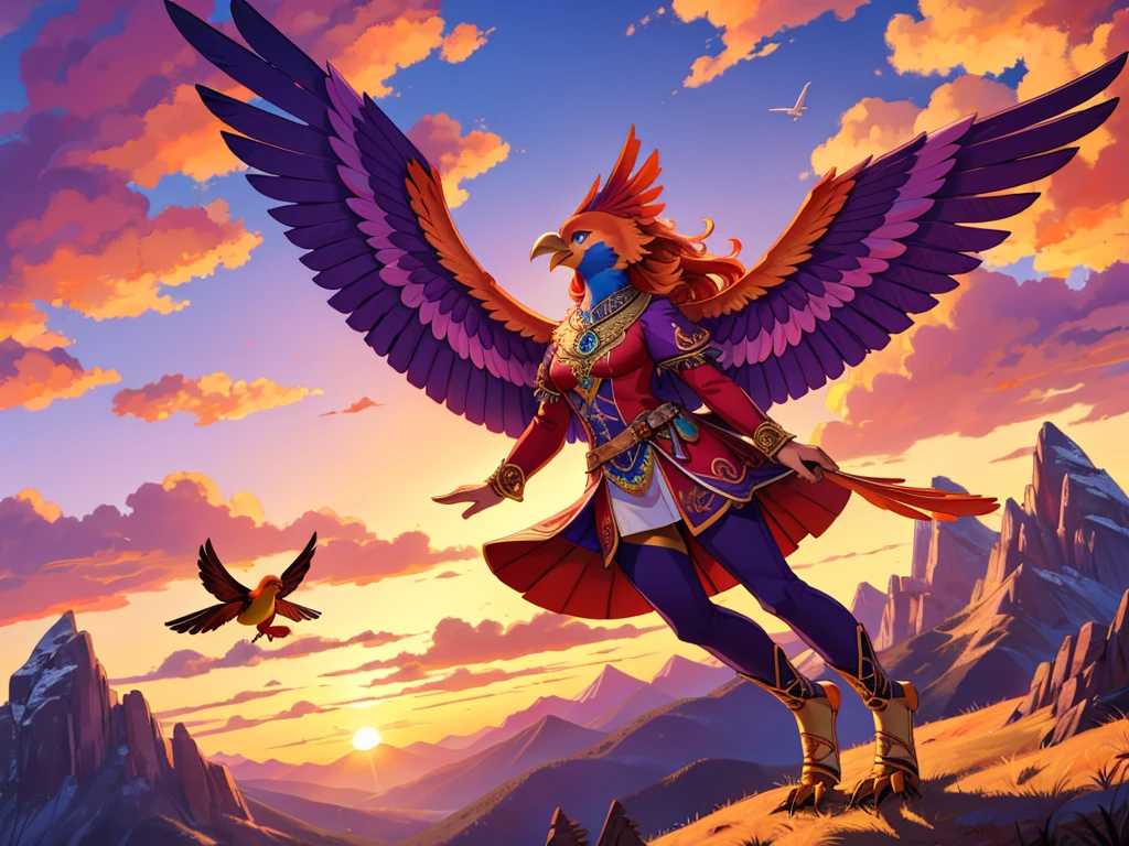 side view, bright colors, fantasy style art, horizontal character, beautiful anthropomorphic female bird, mature and young, tall character, 5 feet 11 inches tall, bird body, bird head and beak, bird legs, bird arms, only wings, two large bird wings, giant wings, wings spread wide, long bird tail, orange red and purple bird feathers, blue eyes, orange feathers, long wavy bright orange hair, shapely body, skinny body, healthy body, purple and red warrior outfit, ornate red clothes, fancy purple patterns and symbols, 2 red dress coattails hanging down her sides, yellow bird claw feet, flying with joy over a mountain, at the mountain peak, sunset, brilliant cloudy sky, sunset lighting up the clouds, flying high, soaring in midair, soaring above the mountains, happy expression, mouth open, high quality digital art, 2k, professional illustration, highly detailed