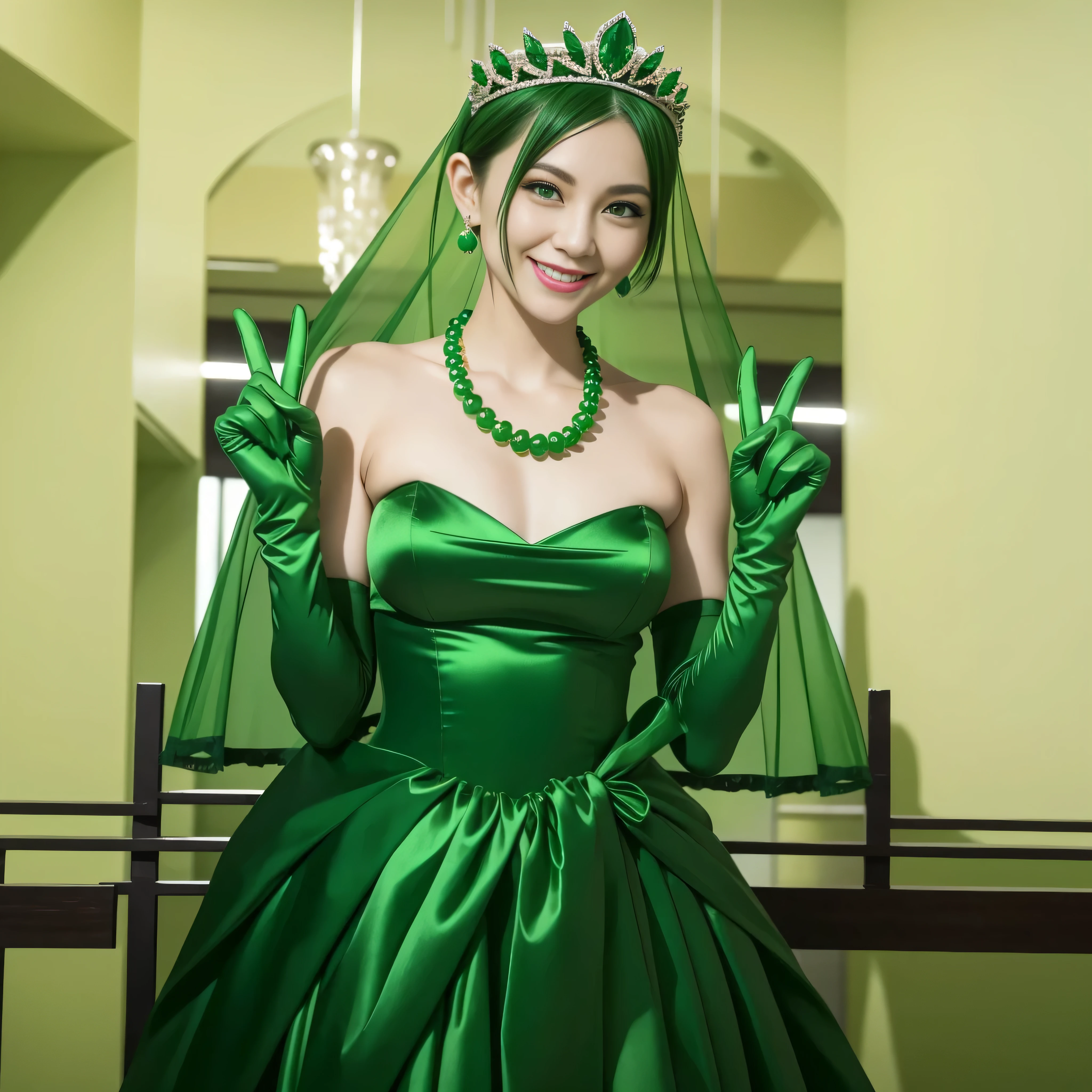 Emerald tiara, Green Pearl Necklace, Boyish very short green hair, lipstick, Smiling Japanese woman, Very short hair, Big and beautiful, Green Eyes, Long green satin gloves, Green Eyes, v sign, Emerald Earrings, Green veil