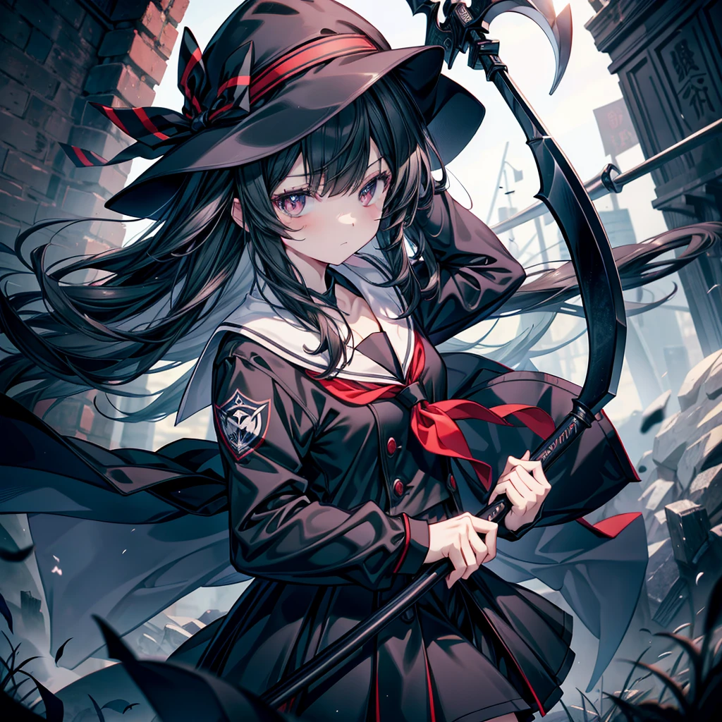 highest quality、Masterpiece、Official Art、The best composition、A high school girl vampire hunter wearing a black sailor uniform、Has the Grim Reaper&#39;s Scythe、Wind、deep focus,absurdres、detailed eyes and face、Blood splatter、Blood is dripping from the scythe、minaba hideo、
Grim Reaper's Scythe、