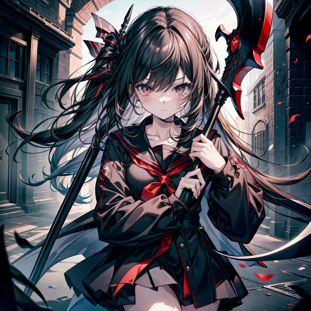 highest quality、Masterpiece、Official Art、The best composition、A high school girl vampire hunter wearing a black sailor uniform、Has the Grim Reaper's Scythe、Wind、deep focus,absurdres、detailed eyes and face、Blood splatter、Blood is dripping from the scythe、minaba hideo、
Grim Reaper's Scythe、