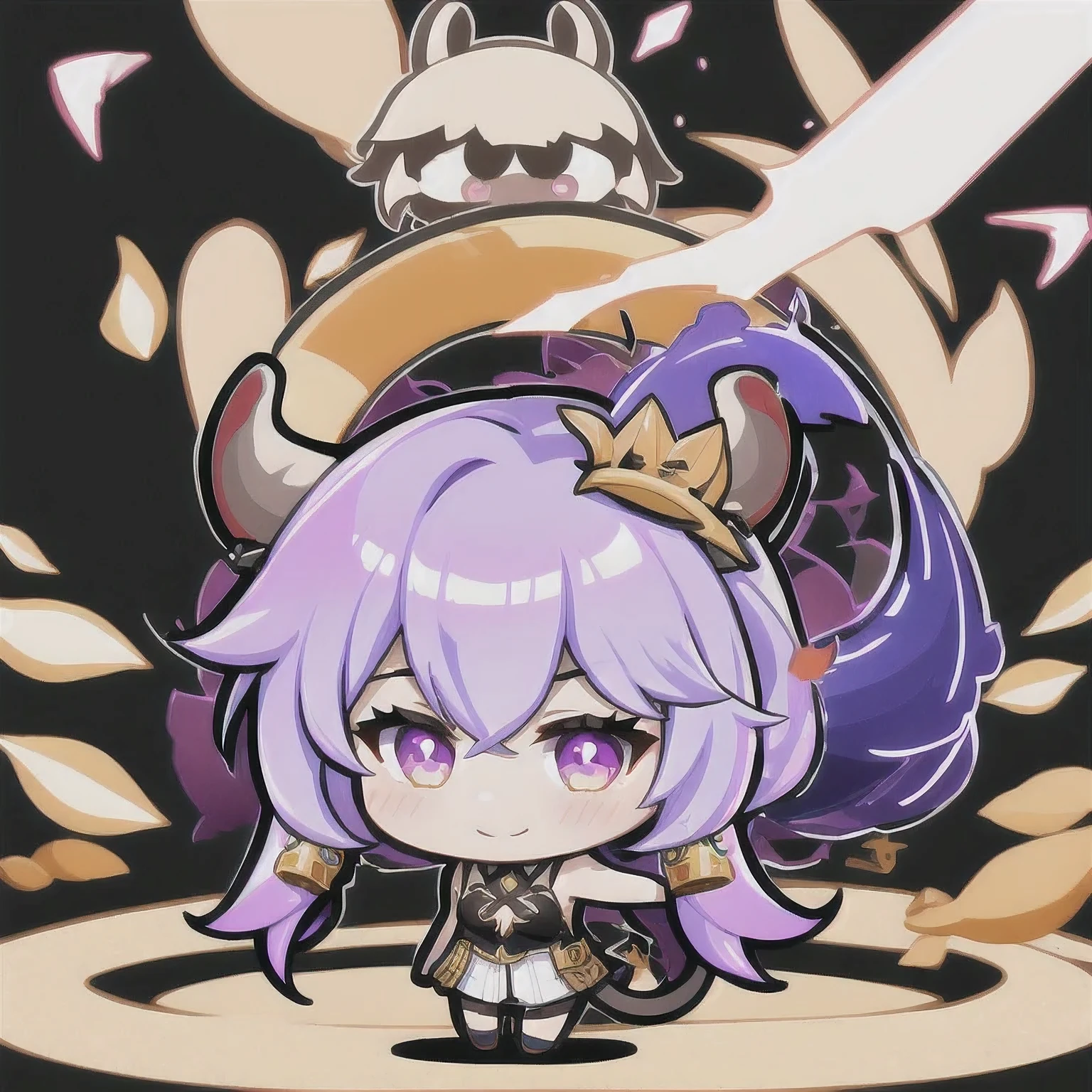 a cartoon image of a girl with a purple hair and a black top, kda, character art of maple story, （（Deer antler hair accessories））advanced digital chibi art, arcane art style, 2 d sprite, genshin impact character, official character art, chibi monster girl, chibi, , noire, ayaka genshin impact, maplestory mouse, hero 2 d fanart artsation，a cartoon image of a girl with a purple hair and a purple outfit, , chibi, kda, twitch emote, chibi monster girl, [[[[grinning evily]]]], 2 d sprite, of a ramlethal valentine,Purple and white combination, melty, cute cyber gods, advanced digital chibi art（（2 girls ））Long purple-white hair，Double tail，big eyes，Sports Posture，Combat Status，Full mana