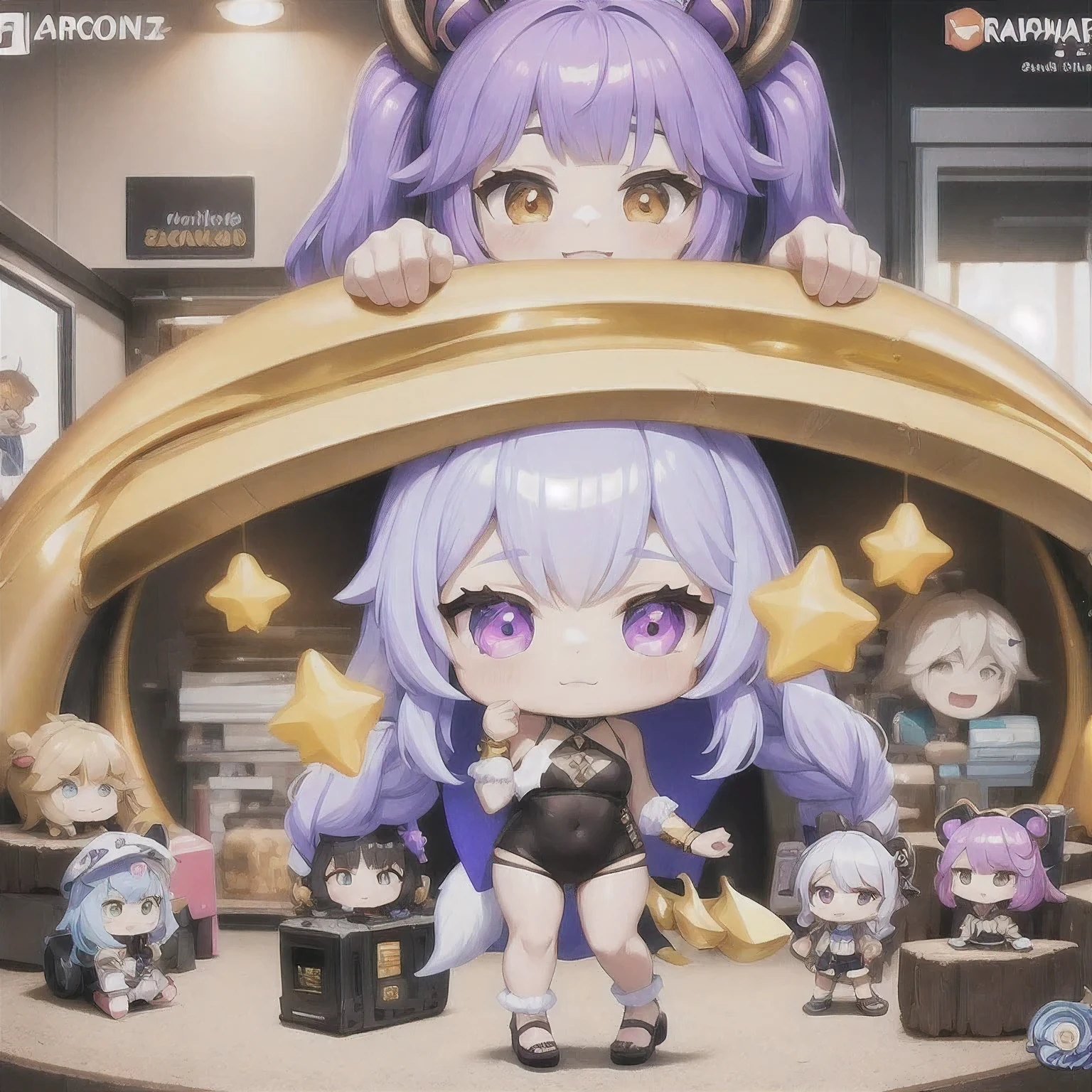 a cartoon image of a girl with a purple hair and a black top, kda, character art of maple story, （（Deer antler hair accessories））advanced digital chibi art, arcane art style, 2 d sprite, genshin impact character, official character art, chibi monster girl, chibi, , noire, ayaka genshin impact, maplestory mouse, hero 2 d fanart artsation，a cartoon image of a girl with a purple hair and a purple outfit, , chibi, kda, twitch emote, chibi monster girl, [[[[grinning evily]]]], 2 d sprite, of a ramlethal valentine,Purple and white combination, melty, cute cyber gods, advanced digital chibi art（（2 girls ））Long purple-white hair，Double tail，big eyes，Sports Posture，Combat Status，Full mana
