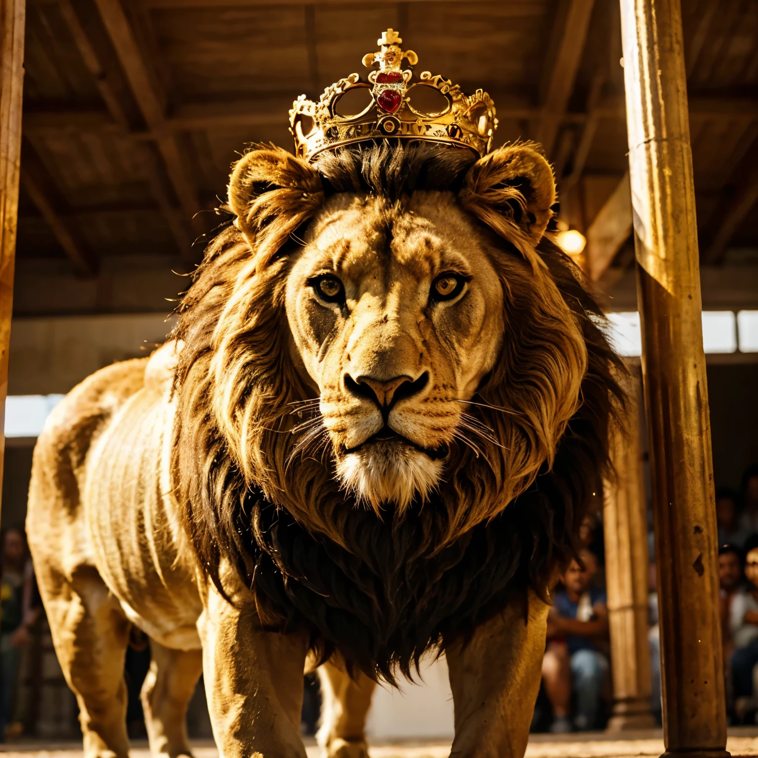 A lion standing up staright with crown on head and  roaring and write Royal challengers bengaluru on down of the lion ((best quality)), ((high resolution)(4k hd)) (golden colour