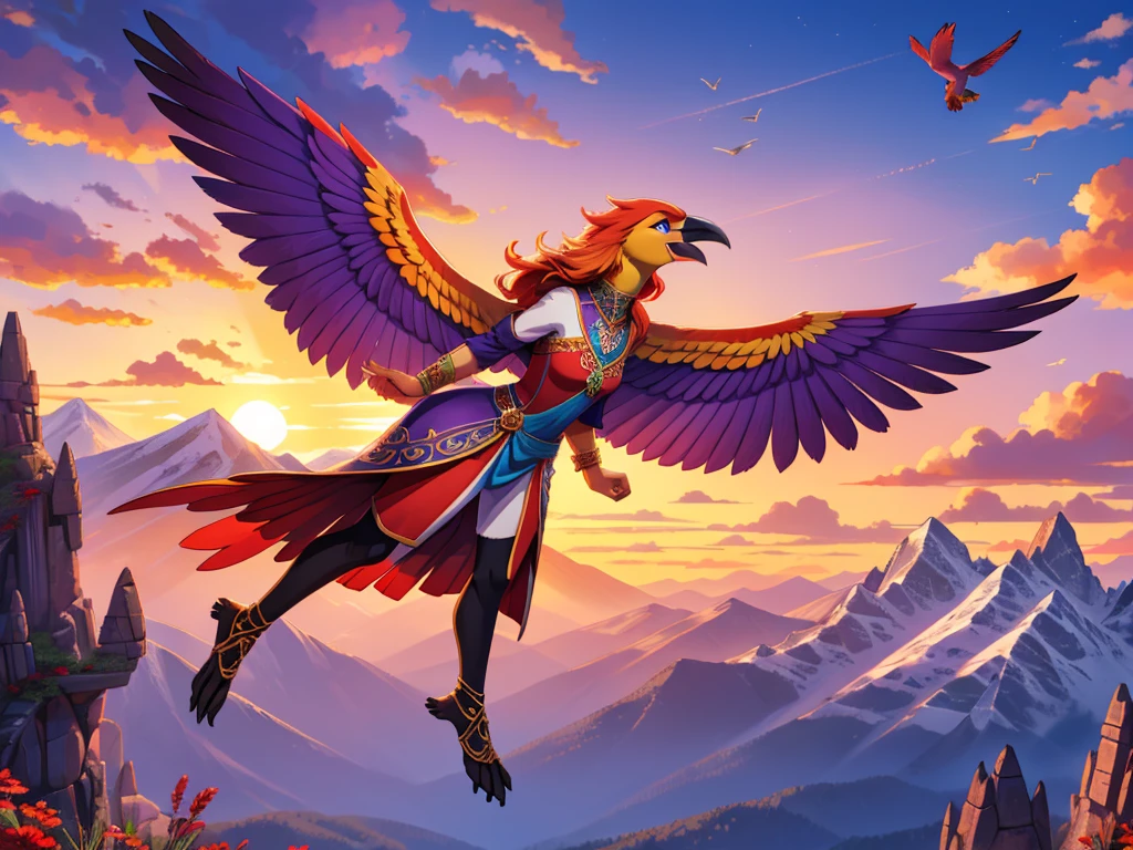 side view, bright colors, fantasy style art, horizontal character, solo character, beautiful anthropomorphic female bird, mature and young, tall character, 5 feet 11 inches tall, bird body, bird head and beak, bird legs, bird arms, only wings, two large bird wings, giant wings, wings spread wide, long bird tail, orange red and purple bird feathers, blue eyes, orange feathers, long wavy bright orange hair, shapely body, skinny body, healthy body, purple and red warrior outfit, ornate red clothes, fancy purple patterns and symbols, 2 red dress coattails hanging down her sides, yellow bird claw feet, flying with joy over a mountain, at the mountain peak, sunset, brilliant cloudy sky, sunset lighting up the clouds, flying high, soaring in midair, soaring above the mountains, happy expression, mouth open, high quality digital art, 2k, professional illustration, highly detailed