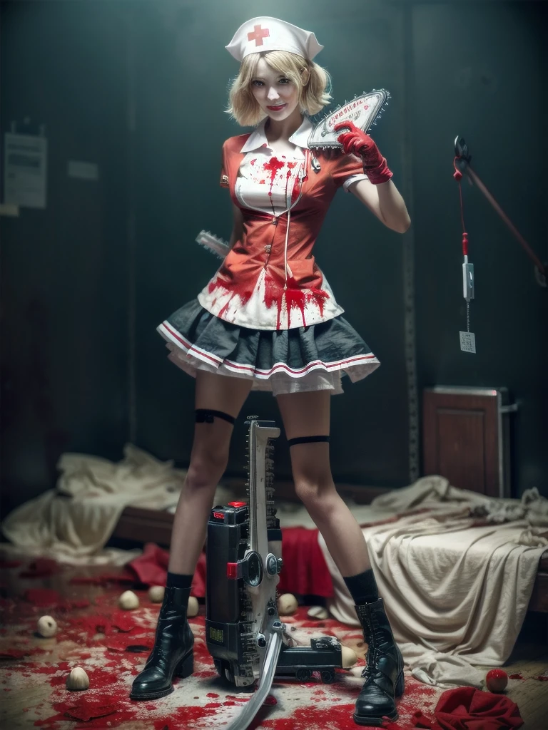 ((Blood)), ((Blood splatter)), ((Blood on clothes)), ((Blood stain)), hospital, ((Nurse uniform)), ((Has a motorized chainsaw)), Absurd, RAW Photos, Very delicate and beautiful, masterpiece, highest quality, Ultra-high resolution, 32k, Surreal, Super detailed, Detailed Description, Pale skin, 20-year-old, Tearful mole, Earrings, huge , Short Medium Hair, Wavy Hair, Wicked Smile, Full Body Shot,