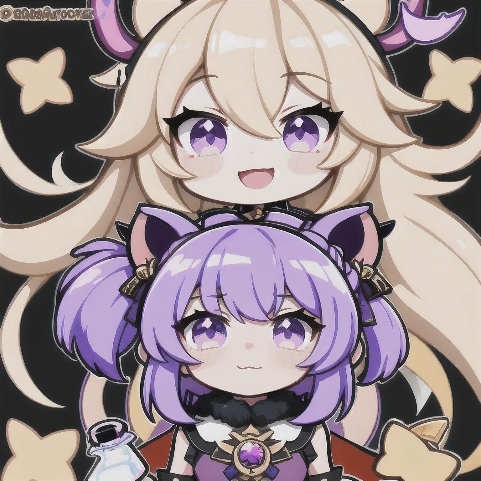 a cartoon image of a girl with a purple hair and a black top, kda, character art of maple story, （（Deer antler hair accessories））advanced digital chibi art, arcane art style, 2 d sprite, genshin impact character, official character art, chibi monster girl, chibi, , noire, ayaka genshin impact, maplestory mouse, hero 2 d fanart artsation，a cartoon image of a girl with a purple hair and a purple outfit, , chibi, kda, twitch emote, chibi monster girl, [[[[grinning evily]]]], 2 d sprite, of a ramlethal valentine,Purple and white combination, melty, cute cyber gods, advanced digital chibi art（（2 girls ））Long purple-white hair，Double tail，big eyes，Sports Posture，Combat Status，Full mana
