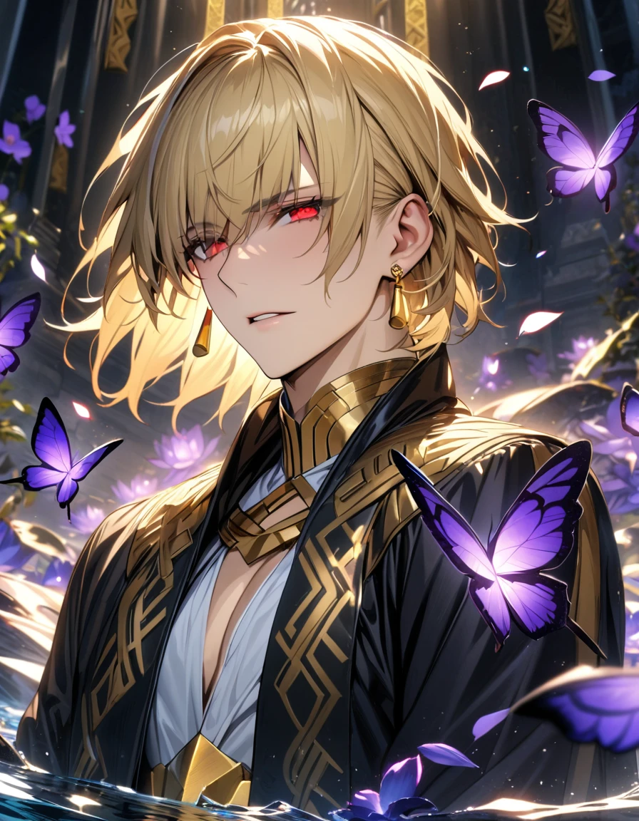 (absurdres, highres, ultra detailed, HDR), masterpiece, best quality, Gilgamesh, short hair, blonde hair, with bangs, expressive red eyes, finely eye and detailed face, fate grand order, solo, sexy man, handsome, mature face, golden earrings, black coat, white shirt, patterns, water, purple lotus, petals, purple butterflies