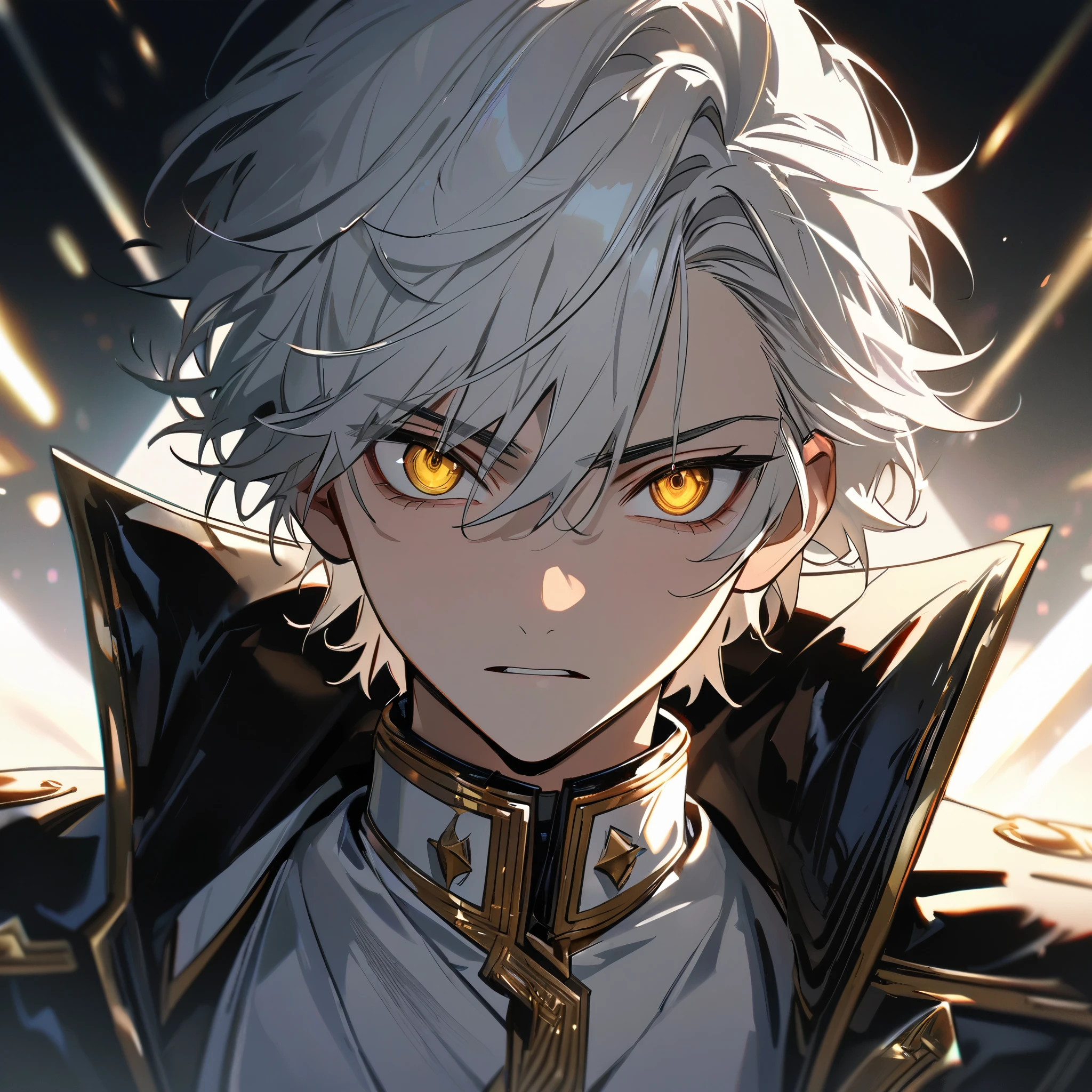 High quality, HD, 4k, handsome male, 1male, 17 years old, teenager, golden lining, short white hair, sharp eyes, gold eyes, devil may cry, close up, calm expression, stoic expression, black leather clothes, white leather clothing, upper body, looking at viewer, cowboy shot, white solar, shining background