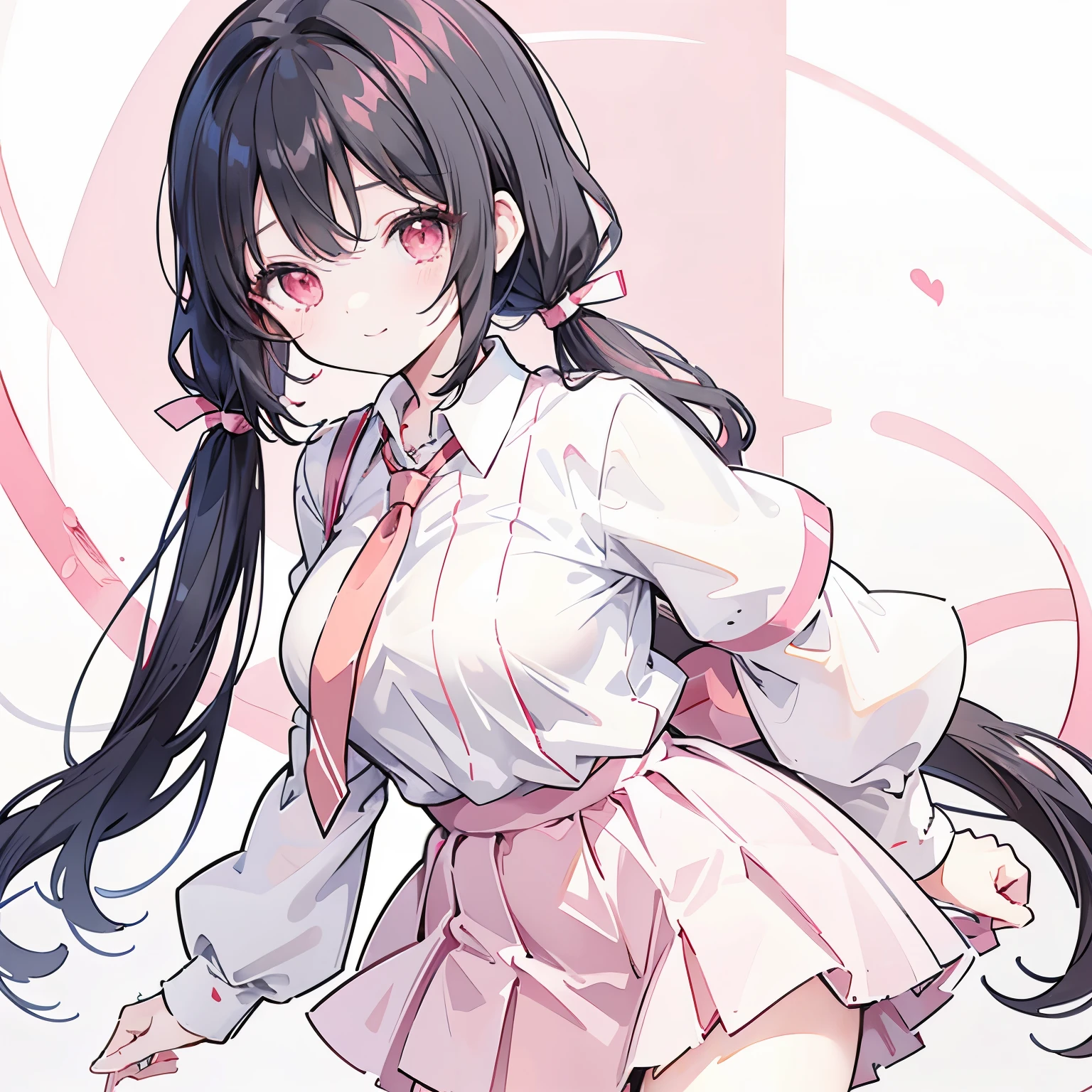 yunyun　Black Hair　Short length pigtails　Hair tied low with a red ribbon　smile　Pink tie　Chest visible　Round boobs　Big red eyes　Short sleeve　Pink and white miniskirt　Hold the edge of the skirt with your hands　Sweat There&#39;s a golden circle in the left side of my hair　smile　Big Breasts　Yunyun (Yunyun) - KonoSuba　hair ornament