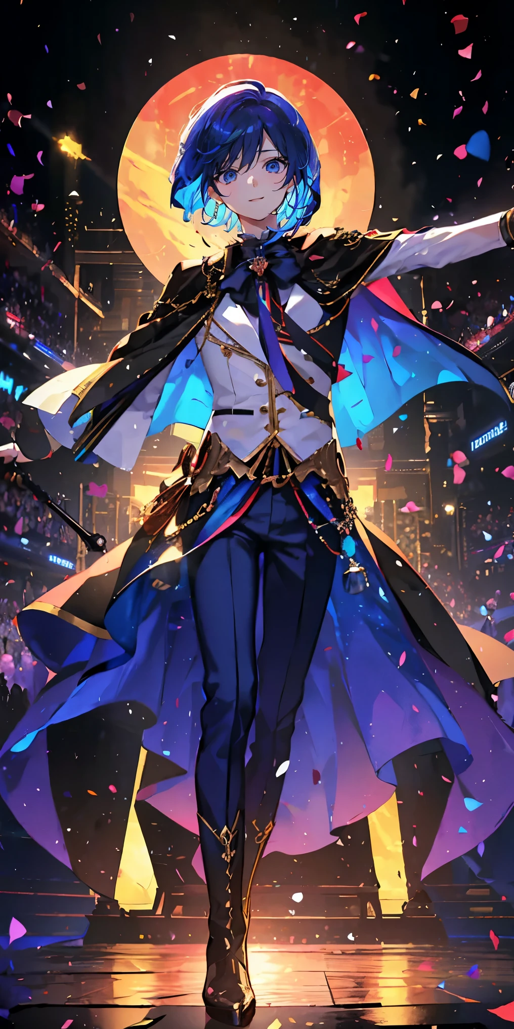 (Mastepiece), (Best Quality), Very detailed, ((1 boy)), Perfect Face, Beautiful Face, Very detailedな顔,((Rainbow Hair_short hair_Rainbow Eyes:1.3)),Male solo idol、Gorgeous idol costumes、Costumes with lots of frills、Cape、boots、(pants:1.2)、(Hold the microphone)、stage、Concert Dome、Lots of confetti、(smile:1.4)、(Open your mouth wide)、sing、dance、Wink、Laser light、Spotlight