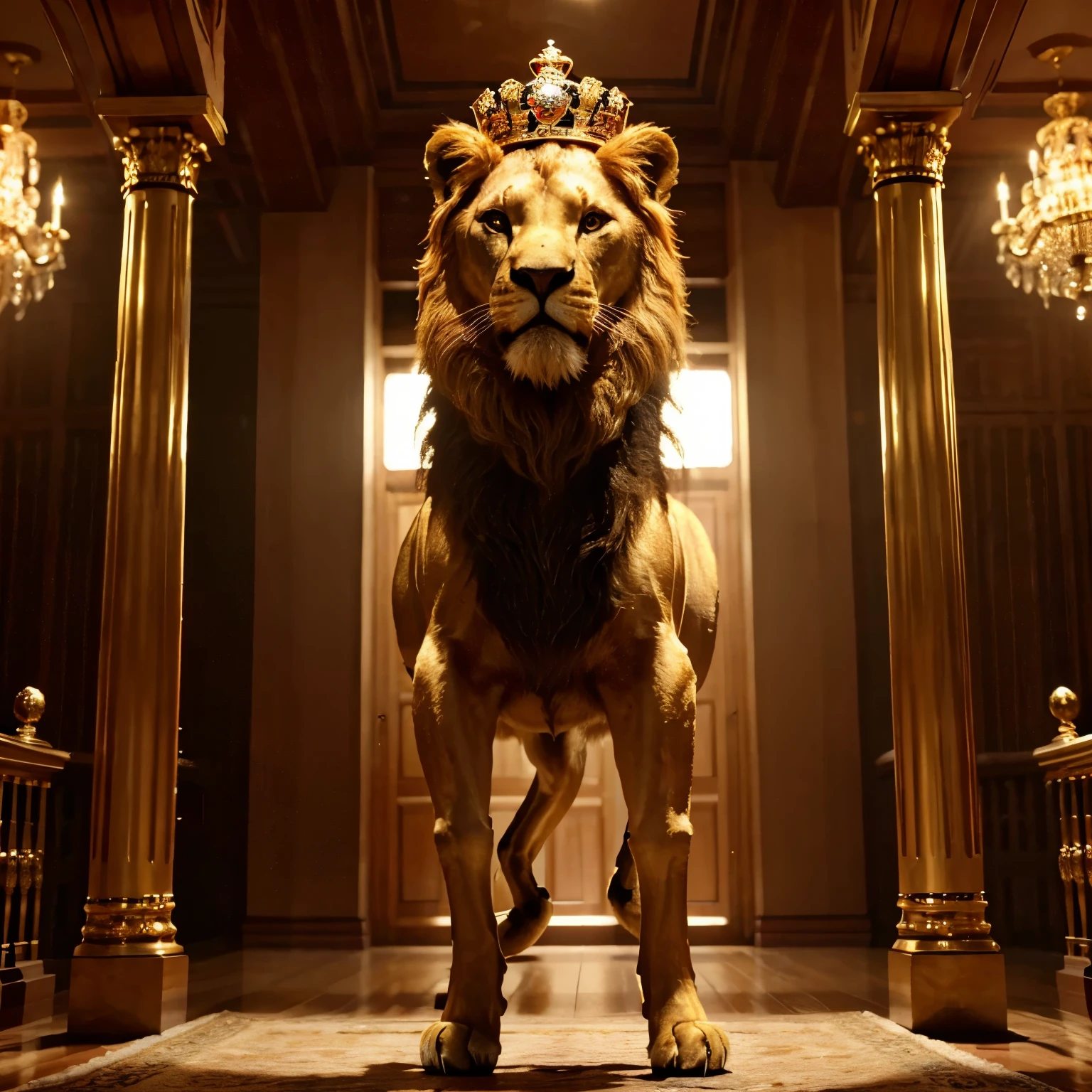 A lion standing up staright raising his leg up with crown on head and  roaring and write Royal challengers bengaluru on down of the lion ((best quality)), ((high resolution)(4k hd)) (golden colour