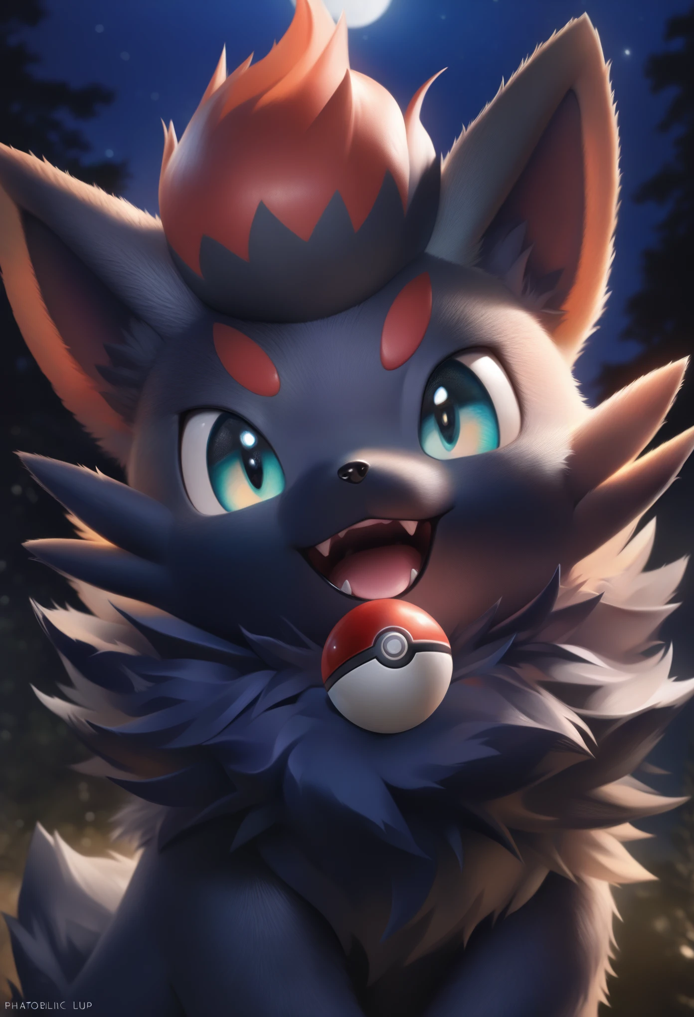 score_9, score_8_up, score_7_up, photorealistic, masterpiece, realistic fluffy zorua_(pokemon), standing in forest, night time, night sky, sharp zorua_(pokemon) teal eyes, looking at viewer, tilting head to the side, smiling, open mouth, glistening fur, detailed fluffy fur, dark, pokeball,