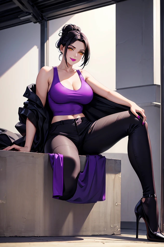 image of a 5'9ft tall woman, with dark black hair tied in a updo, pale skin and golden yellow eyes. wearing a silk violet tank top with a bra underneath her tank top, black pants and black heels. she has an athletic voluptuous body and has a small breast size. she has purple lipstick, purple painted fingernails. she has a seductive smile