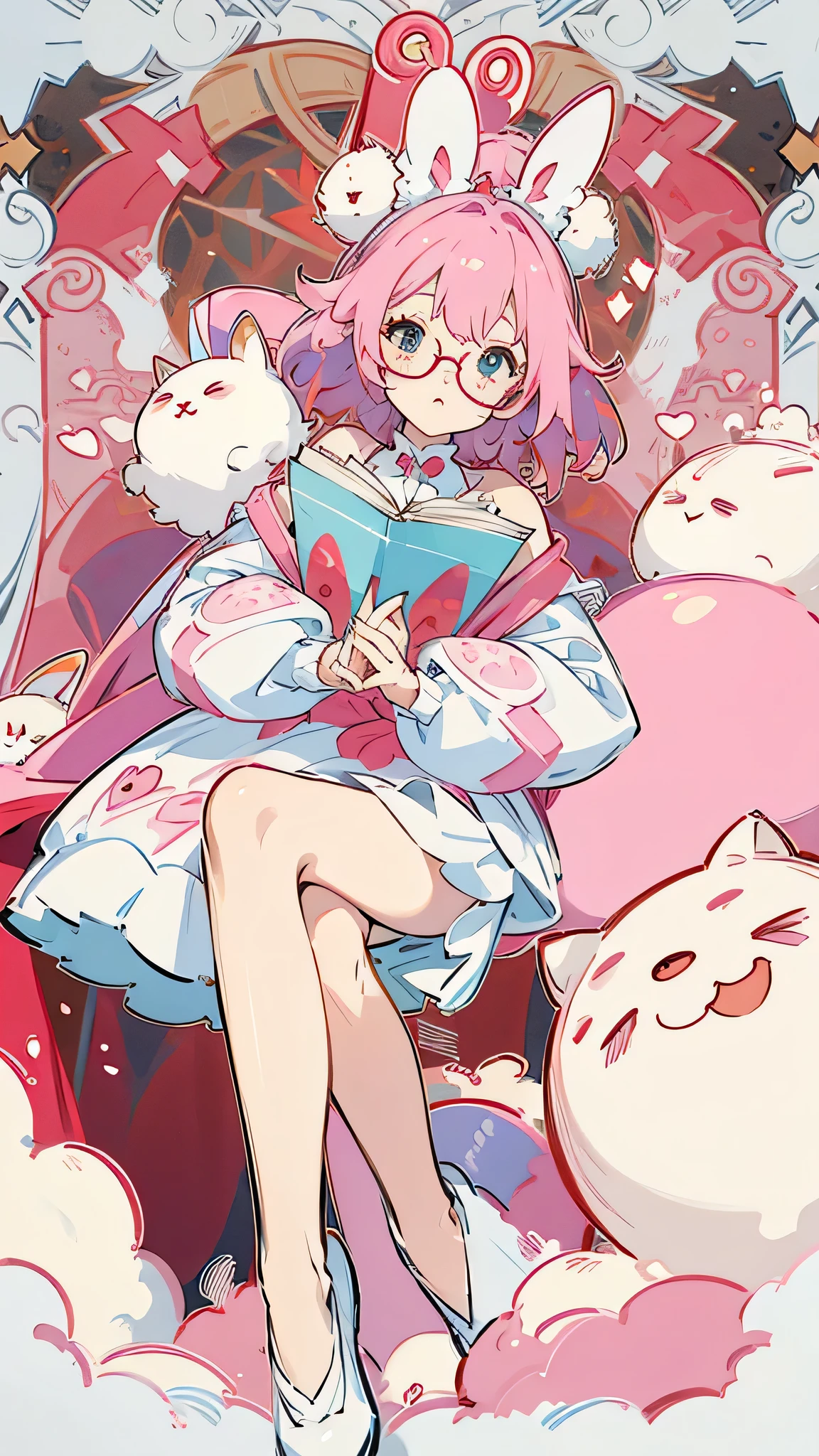 Pink hair, cute bunny girl, blue eyes, pale skin, wearing red glasses, cute, kawaii, masterpiece, high quality, detailed face