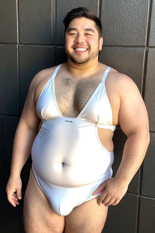 ((highest quality)), ((masterpiece)), (detailed), Perfect Face、Shaved head、Young Japanese、Muscular、Fat body、Big guy、smile、white small swimsuit、Emphasize the chest、Thick legs、Thick arms