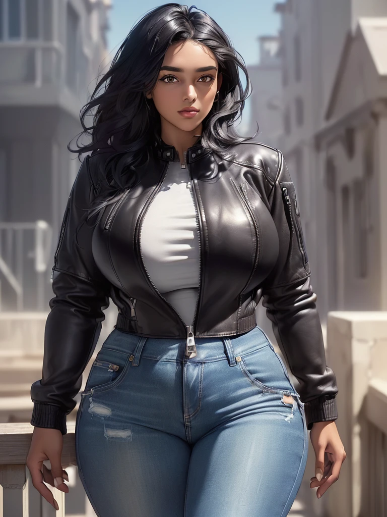 (extremely detailed CG unity 8k wallpaper:1.5),<(masterpiece:1.5), (best quality:1.7), high resolution illustration, (finely detailed eyes and detailed face:1.3), (detail:1.3, best quality, (ultra-detailed), (an extremely delicate and beautiful), (illustration), (painting),(masterpiece:1.5),cinematic light,dynamic angle,floating,sharp focus,(2d:1.7), (best quality:1.3),(illustration:1.1),((disheveled raven hair:1.2) dark skin,(beautiful detailed eyes:1.1),(cinematic light:1.1), ((1 female)) beautiful (20 year old) African girl, short raven hair, ((wearing zipped-up leather jacket andn jeans)), on pier, outdoor, curvy body type, voluptuous body type, curvy body type, thick body type, big chest, big , (full_body),