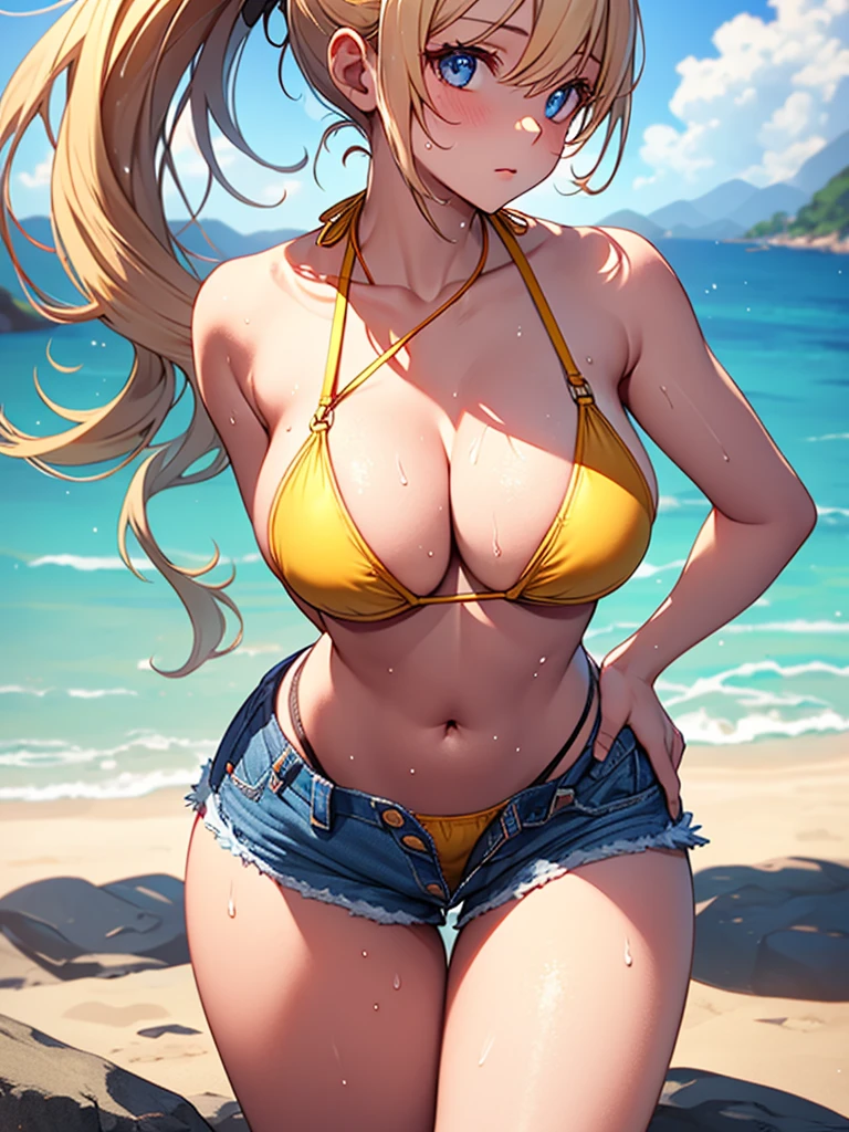 (highest quality, High resolution, perfect pixel, Depth of bounds written, 4K), (looking back:1.2), beach, detailed eyes, (1 lady), tall, (skinny body:1.2) , (thin thighs:1.2), (Narrow hips:1.2), large breasts, blond hair, (ponytail:1.2), (yellow bikini:1.2), (unbutton:1.3), (cross halter bikini), (rio cut pants), (panty strap:1.3), (standing), (leaning forward), (denim short panty pull:1.2), (clear face), sweat,