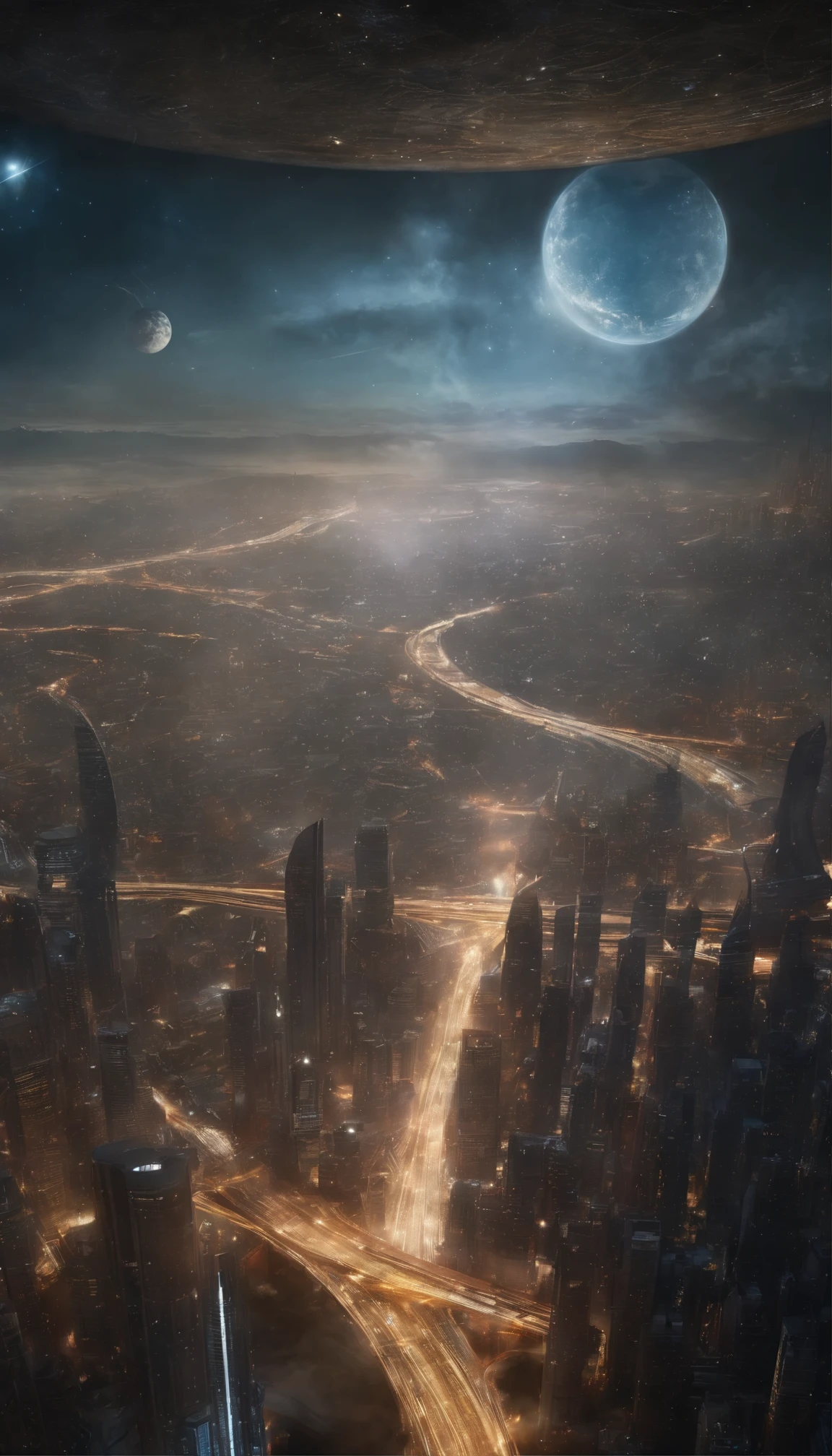 ((Ultra-fine masterpiece)) - Majestic images of huge sci-fi cities: In the endlessly expanding universe、A huge and mysterious city stretches into infinity、A breathtaking view of science fiction art。This magnificent metropolis suspended above the earth、Drifting among the countless planets floating in the sky、Casting an enchanting spell。With swirling nebulae and swirling cosmic dust dancing around it、The city's celestial architecture sparkles with an otherworldly blend of elegance and strength.。Decorated with rainbow-colored energy scars