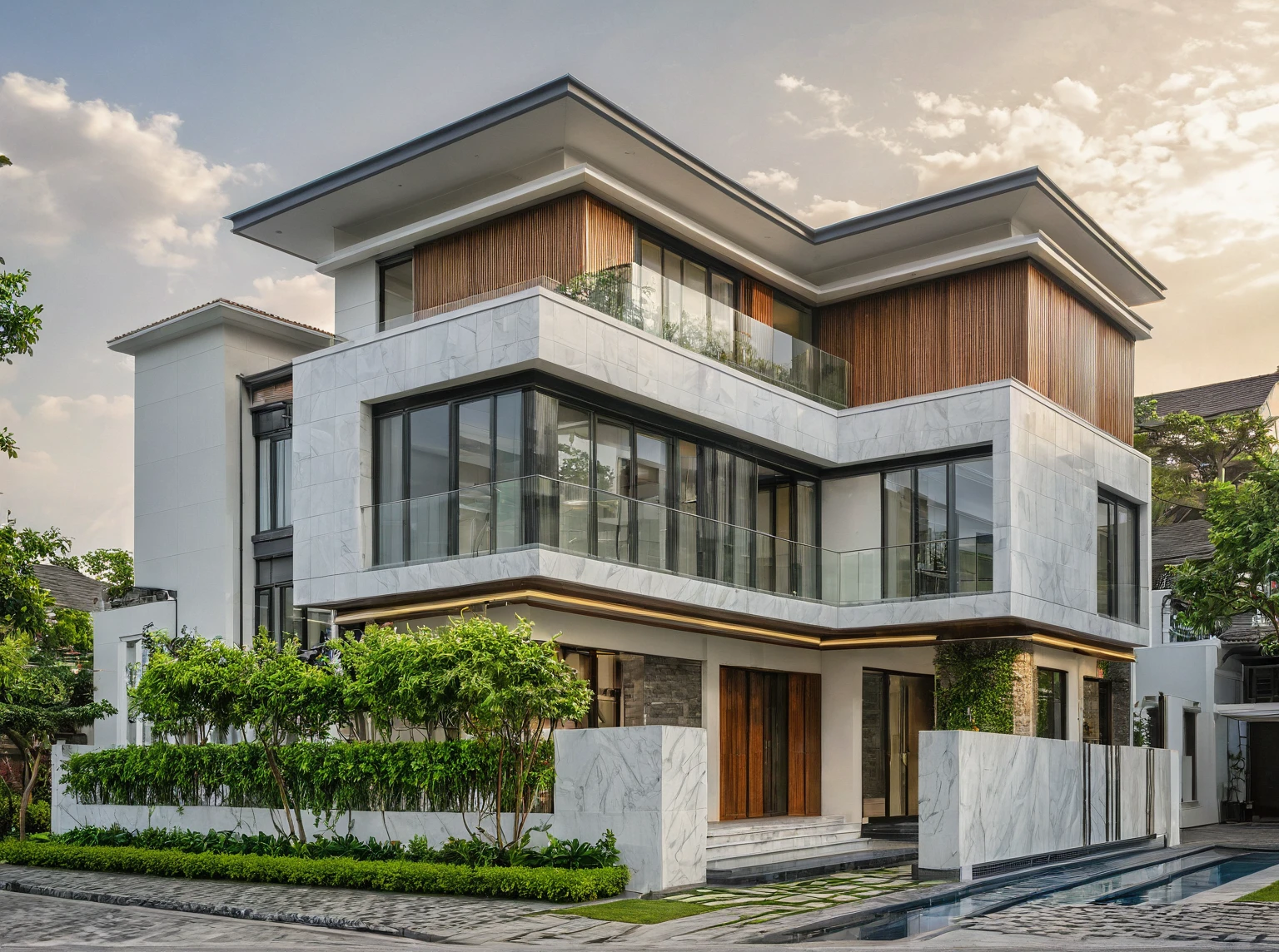 modern villa on street, (daylight), tropical tree, vivid colour, streetcapes, white tone, white wall, large glass door, warm interior lighting, wood and marble, best quality, 17ArchiAI_XL_VL-v1
