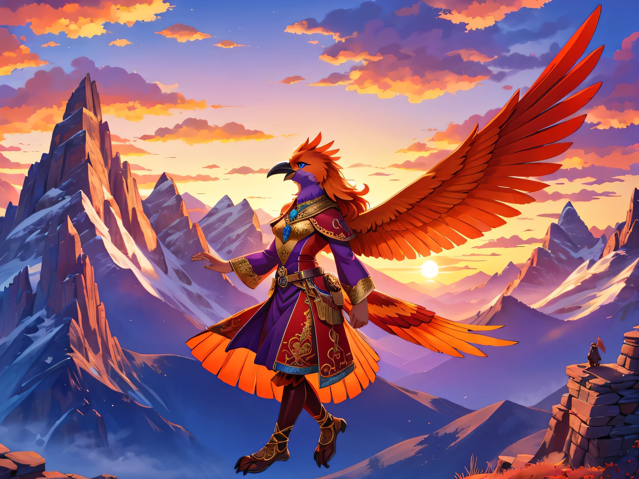 side view, bright colors, fantasy style art, horizontal character, beautiful anthropomorphic female bird, mature and young, tall character, 5 feet 11 inches tall, bird body, bird head and beak, bird legs, bird arms, only wings, two large bird wings, giant wings, wings spread wide, long bird tail, orange red and purple bird feathers, blue eyes, orange feathers, long wavy bright orange hair, shapely body, skinny body, healthy body, purple and red warrior outfit, ornate red clothes, fancy purple patterns and symbols, 2 red dress coattails hanging down her sides, yellow bird claw feet, flying with joy over a mountain, at the mountain peak, sunset, brilliant cloudy sky, sunset lighting up the clouds, flying high, soaring in midair, soaring above everything, happy expression, mouth open, high quality digital art, 2k, professional illustration, mountains in the background, highly detailed