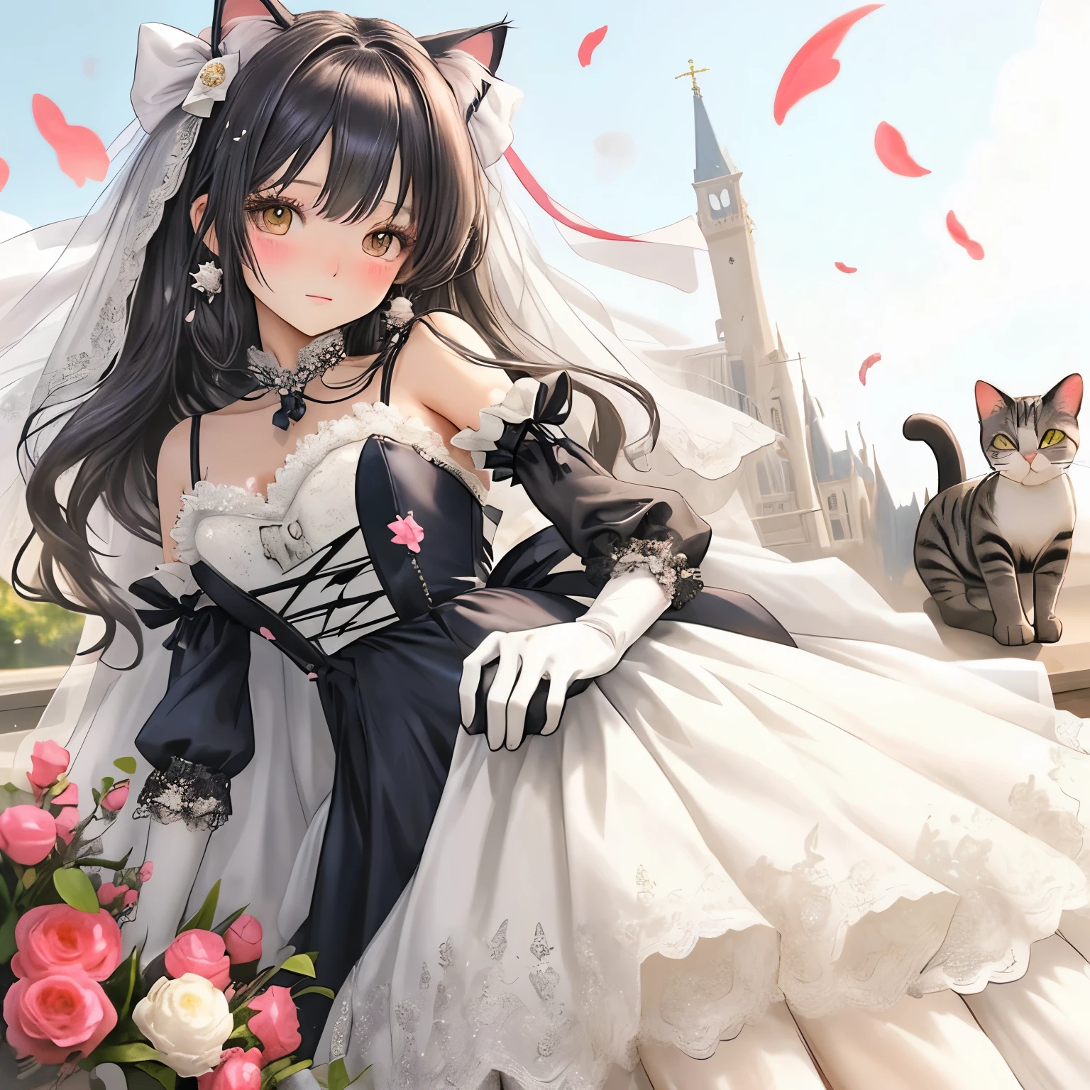 Cat with ribbon、Cami dress、dress、race、Wedding Gloves、princess、sun、outside