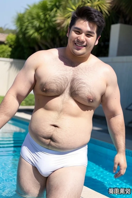 ((highest quality)), ((masterpiece)), (detailed), Perfect Face、Shaved head、Young Japanese、Muscular、Fat body、Big guy、smile、white small swimsuit、Emphasize the chest、Thick legs、Thick arms