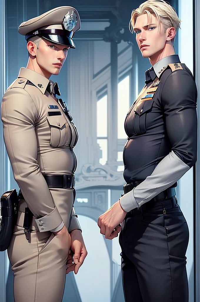 The picture shows two young men standing next to each other: the first man (tall, handsome, athletic, handsome, young man, platinum blond with blue eyes, he is dressed in a policeman's uniform, he has tanned skin, long straight platinum hair, blue eyes), the second man (young, handsome, athletic, handsome, a man, platinum blonde with violet eyes, long bangs, dressed in a policeman's uniform). Masterpiece, detailed study of the face, beautiful face, beautiful facial features, perfect image, realistic shots, detailed study of faces, full-length image, 8k, detailed image, extremely detailed illustration, a real masterpiece of the highest quality, with careful drawing.