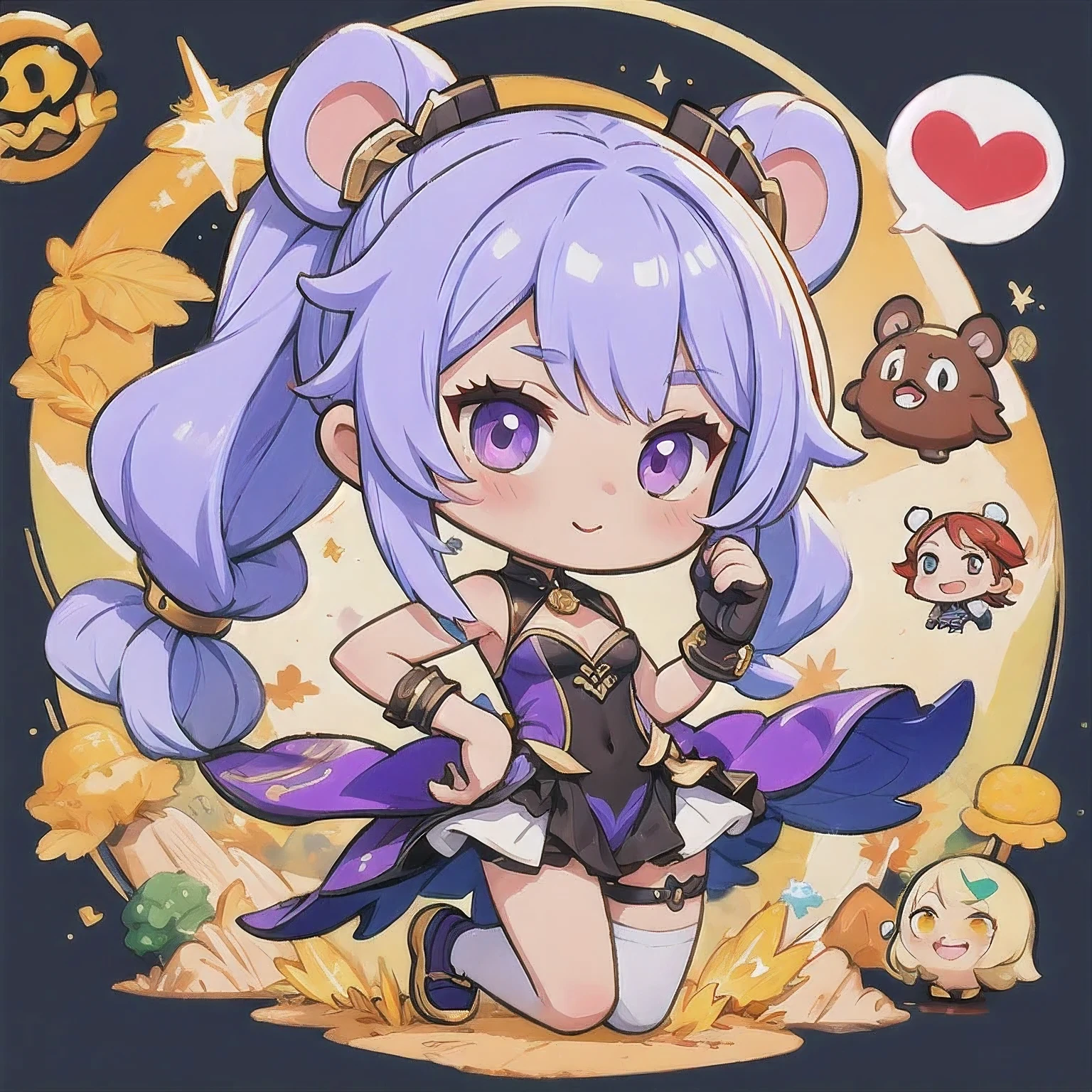 （（Wear boxing gloves））a cartoon image of a girl with a purple hair and a black top, kda, character art of maple story, advanced digital chibi art, arcane art style, 2 d sprite, genshin impact character, official character art, chibi monster girl, chibi, , noire, ayaka genshin impact, maplestory mouse, hero 2 d fanart artsation，a cartoon image of a girl with a purple hair and a purple outfit, , chibi, kda, twitch emote, chibi monster girl, [[[[grinning evily]]]], 2 d sprite, of a ramlethal valentine, holding a pudica pose, melty, cute cyber gods, advanced digital chibi art（（2 girls ））Long purple-white hair，Double tail，big eyes，Sports Posture，Combat Status，Full mana