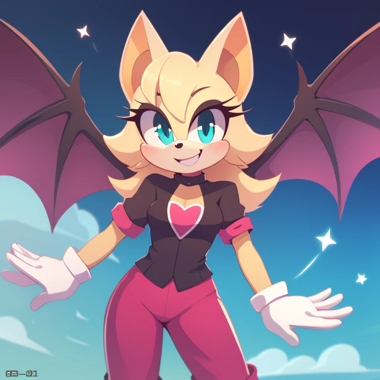 (score_9, score_8_up, 2d), 1girl, solo, Rouge the bat, female mobian, turquoise eyes, cute smile, looking at viewer, bat wings.