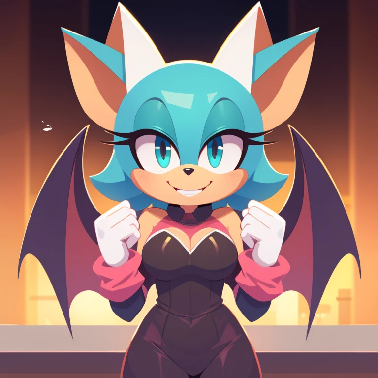 (score_9, score_8_up, 2d), 1girl, solo, Rouge the bat, female mobian, turquoise eyes, cute smile, looking at viewer, bat wings.