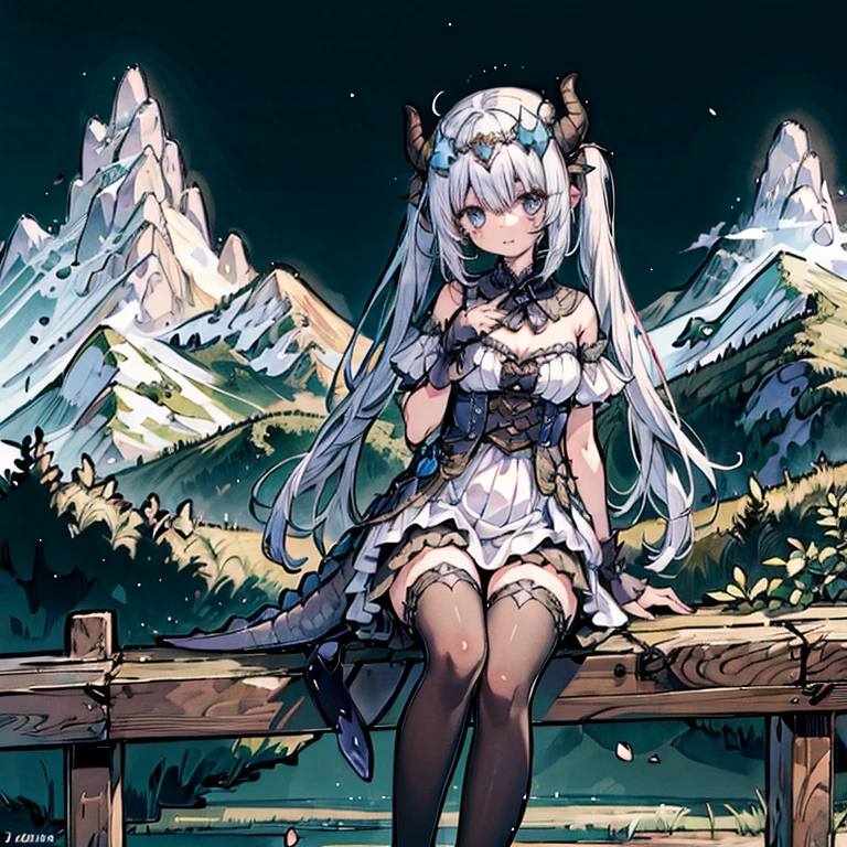 (masterpiece), best quality, highly detailed, 1girl, ((a girl with a tail covered in scales)), solo, detailed beautiful blue face, ************,  beautiful eyes, shy, star_in_eye, "+_+", long hair with half_twintails, white frilled dress, off-shoulder dress, black legwear, toeless, seductive smile, holding hammer, circlet, magic light, dragonian_head, dragonian_horns, dragonian_hairstyle, dragonian_body, dragonian_tail, in mountain, bright background, pixiv, image resolution 1024, 4K, 8K