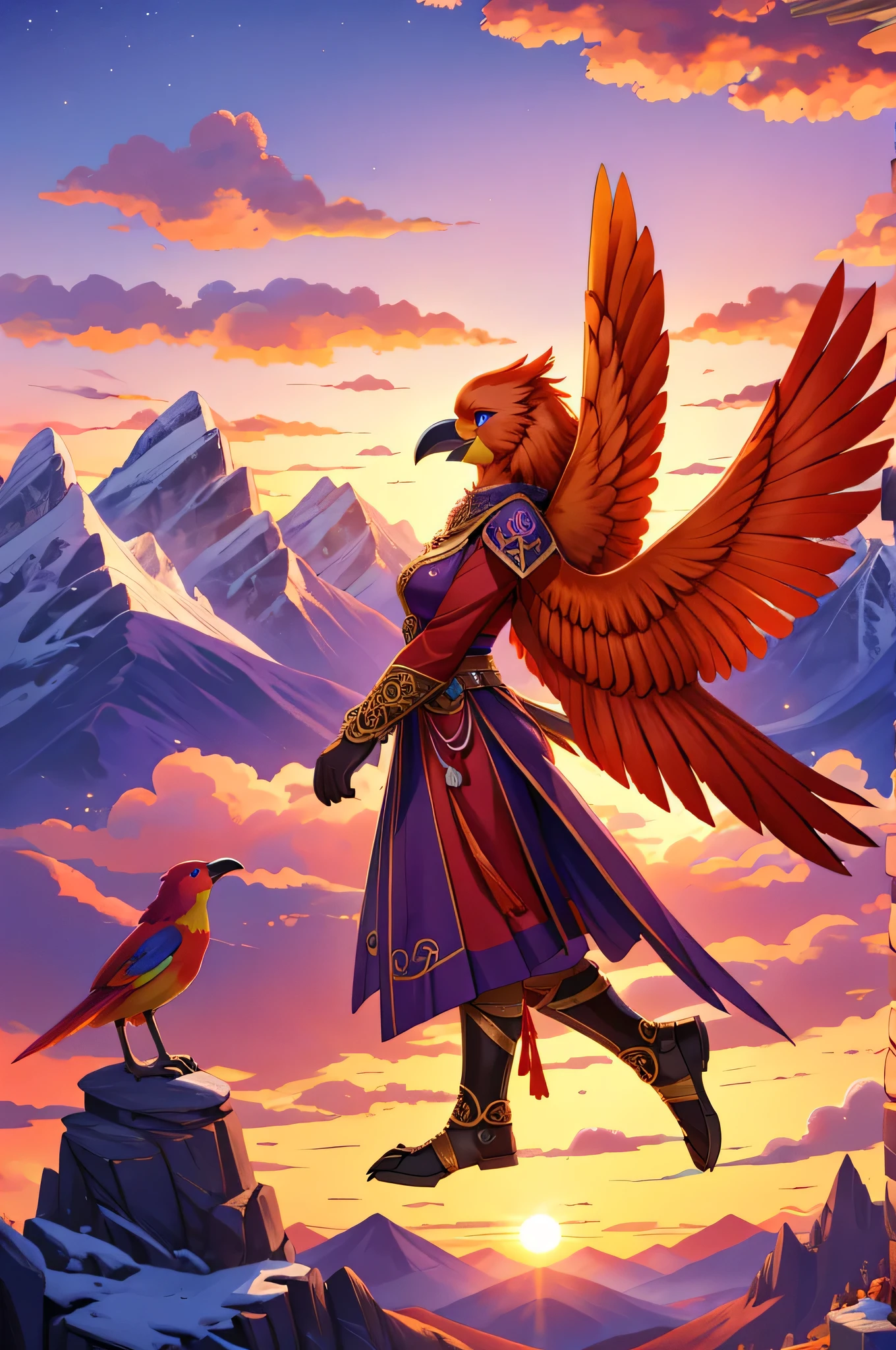side view, bright colors, fantasy style art, horizontal character, beautiful anthropomorphic female bird, mature and young, tall character, 5 feet 11 inches tall, bird body, bird head and beak, bird legs, bird arms, only wings, two large bird wings, giant wings, wings spread wide, long bird tail, orange red and purple bird feathers, blue eyes, orange feathers, long wavy bright orange hair, shapely body, skinny body, healthy body, purple and red warrior outfit, ornate red clothes, fancy purple patterns and symbols, 2 red dress coattails hanging down her sides, yellow bird claw feet, flying with joy over a mountain, at the mountain peak, sunset, brilliant cloudy sky, sunset lighting up the clouds, flying high, soaring in midair, soaring above everything, happy expression, high quality digital art, 2k, professional illustration, mountains in the background, highly detailed