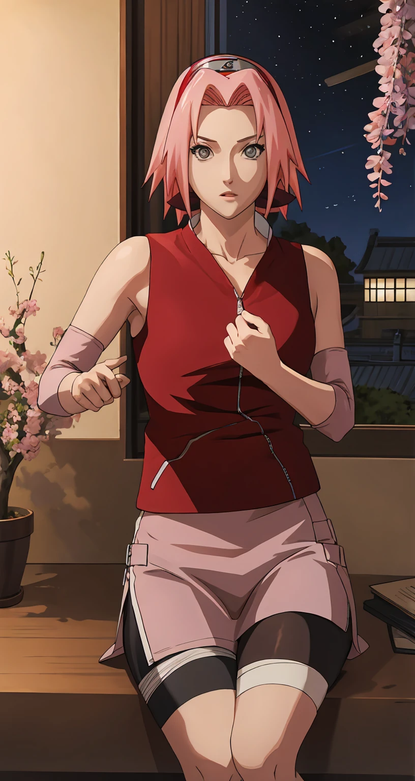 naruto_cherry blossoms_battle_自分ofワイフ,
1人of女of子, haruno sakura, short hair, ピンクof髪, 緑of目, Hair Intake, clavicle, Forehead protector, head band, Red Hairband, 木ノ葉隠れofシンボル,
Exposing shoulders, bandage, Sleeveless jacket, Red jacket, Bike Shorts, 黒ofショートパンツ, Leg Wrap, bandageを巻いた足, Elbow pads, zipper, 
((masterpiece)),((highest quality)),(High resolution, Absurd), original, official_art, Bokeh, depth_of_Field, Wisteria, Loaded_interior, Potted plants_plant, window_shade, indoor, Spotlight, night, Concentrated, View your viewers, alone, Cowboy Shot,