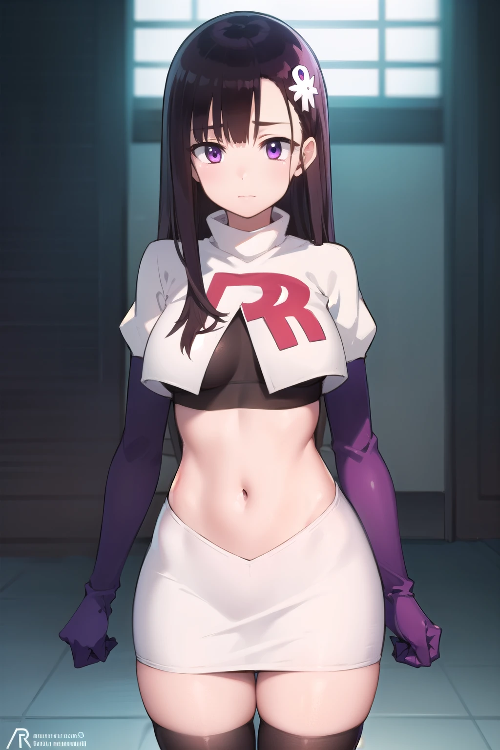 hitomihino, hitomi hino, long hair, black hair, hair ornament, (purple eyes:1.1),
BREAK team rocket,team rocket uniform,white skirt,red letter R,crop top,black thigh-highs,black elbow gloves,
BREAK looking at viewer, cowboy shot,
BREAK (masterpiece:1.2), best quality, high resolution, unity 8k wallpaper, (illustration:0.8), (beautiful detailed eyes:1.6), extremely detailed face, perfect lighting, extremely detailed CG, (perfect hands, perfect anatomy),