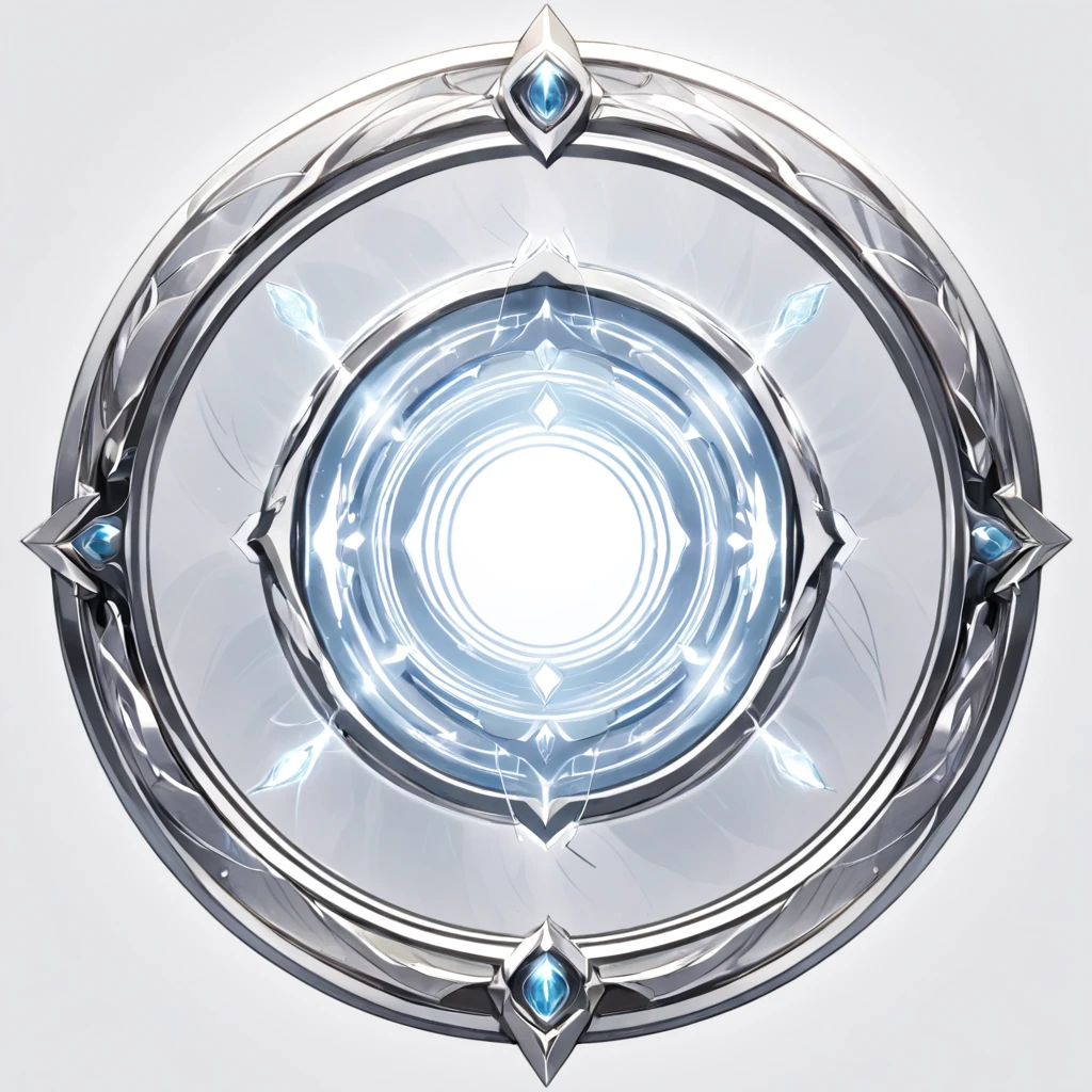masterpiece, best quality, official art, perfectly symmetrical circle icon for card game that has a detailed outer metal frame. Metal frame is thin and silver in color. The circle is simple and lacks any details. The circle softly glows white and has light wisps of wind coming from it, white background, 8k, anime-inspired style, no people, no weapons, no humans, chrome metal material, no robots, no logo