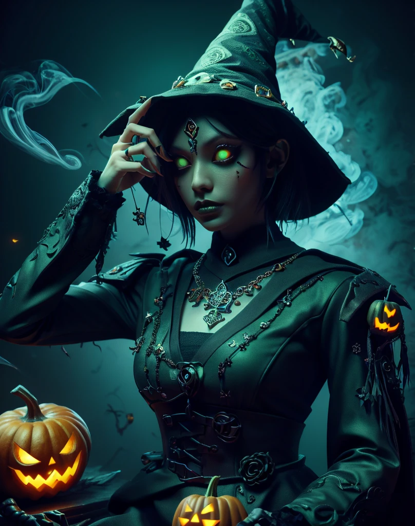 Halloween, A woman dressed in black、Sitting on a scary pumpkin with a ball of green smoke, Necromancer Sorcerer, Beautiful Necromancer, Diablo 4 Lilith, Female Necromancer, Witch Hat, Dark fantasy art, portrait of a Female Necromancer, Diablo 4 Queen, Dark Fantasy Character Design, Diablo digital concept art, dark witch character, Detailed digital 2D fantasy art,, night, moonlight, particle, Green smoke, chromatic aberration, Place your left hand on your hip, Bone Sickle, Cemetery in the background, 8K quality, masterpiece