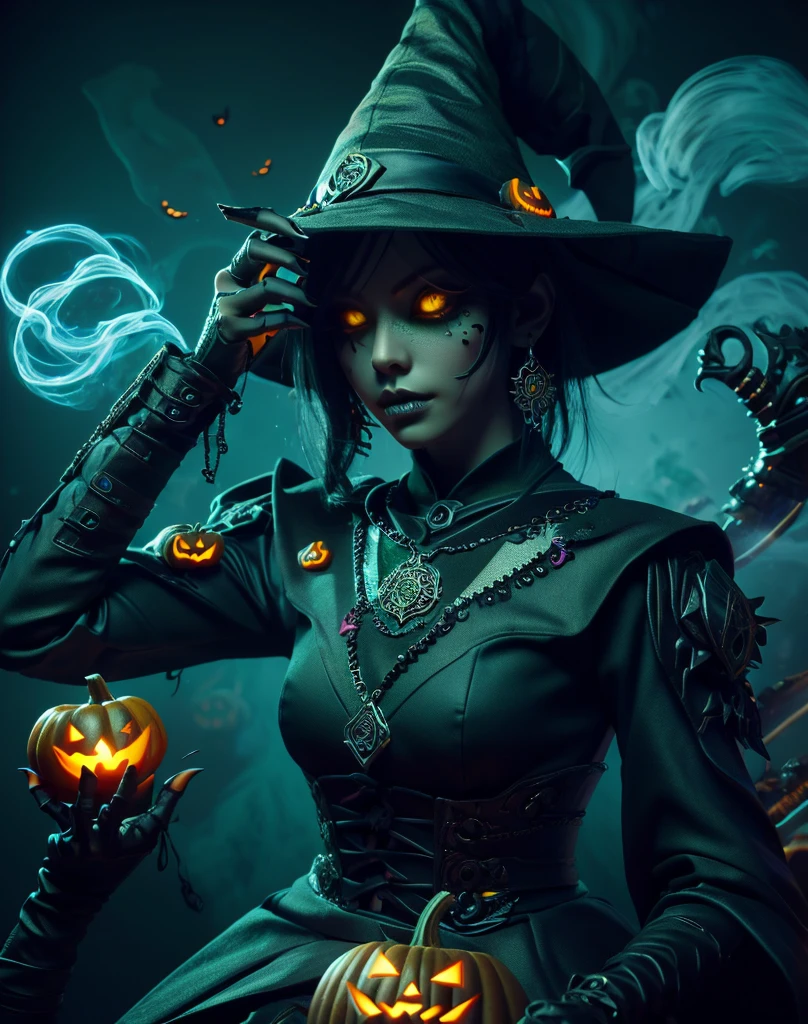 Halloween, A woman dressed in black、Sitting on a scary pumpkin with a ball of green smoke, Necromancer Sorcerer, Beautiful Necromancer, Diablo 4 Lilith, Female Necromancer, Witch Hat, Dark fantasy art, portrait of a Female Necromancer, Diablo 4 Queen, Dark Fantasy Character Design, Diablo digital concept art, dark witch character, Detailed digital 2D fantasy art,, night, moonlight, particle, Green smoke, chromatic aberration, Place your left hand on your hip, Bone Sickle, Cemetery in the background, 8K quality, masterpiece