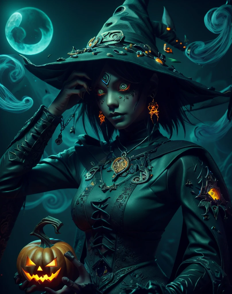 Halloween, A woman dressed in black、Sitting on a scary pumpkin with a ball of green smoke, Necromancer Sorcerer, Beautiful Necromancer, Diablo 4 Lilith, Female Necromancer, Witch Hat, Dark fantasy art, portrait of a Female Necromancer, Diablo 4 Queen, Dark Fantasy Character Design, Diablo digital concept art, dark witch character, Detailed digital 2D fantasy art,, night, moonlight, particle, Green smoke, chromatic aberration, Place your left hand on your hip, Bone Sickle, Cemetery in the background, 8K quality, masterpiece