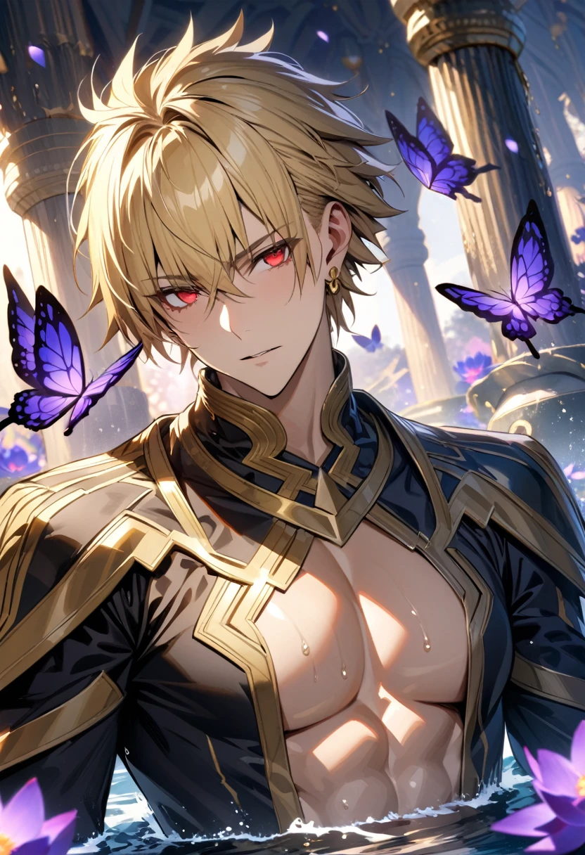 (absurdres, highres, ultra detailed, HDR), masterpiece, best quality, Gilgamesh, short hair, blonde hair, with bangs, expressive red eyes, finely eye and detailed face, fate grand order, solo, man, handsome, mature face, toned chest, golden earrings, black coat, white shirt, patterns, water, purple lotus, petals, purple butterflies