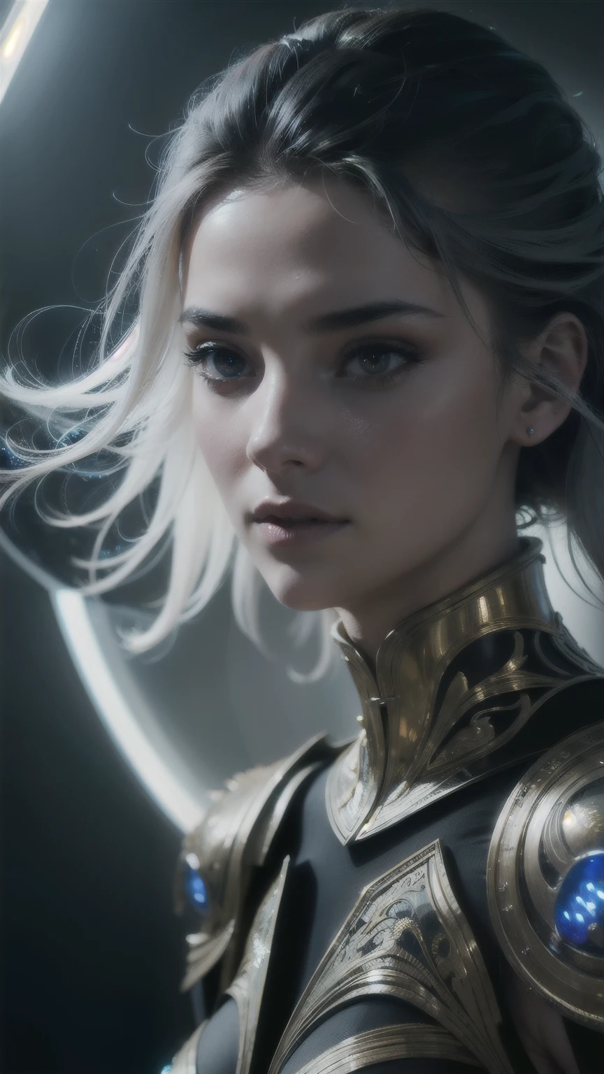 (8k, RAW photo, highest quality), hyperrealistic, intricate abstract, intricate artwork, abstract style, mesmerizing portrait of a woman with golden armor, delicate diamond patterns, armor from another world, insanely detailed features, reflecting lights, glimmering lights, dark elements, shiny, bioluminescence, non-representational, colors and shapes, expression of feelings, imaginative, highly detailed, extremely high-resolution details, photographic, realism pushed to extreme, fine texture, 4k, ultra-detailed, high quality, high contrast