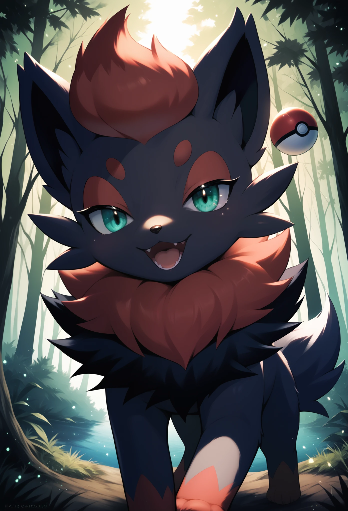 score_9, score_8_up, score_7_up, photorealistic, masterpiece, realistic fluffy zorua_(pokemon), standing in forest, night time, night sky, sharp zorua_(pokemon) teal eyes, looking at viewer, tilting head to the side, smiling, open mouth, glistening fur, detailed fluffy fur, dark, pokeball,