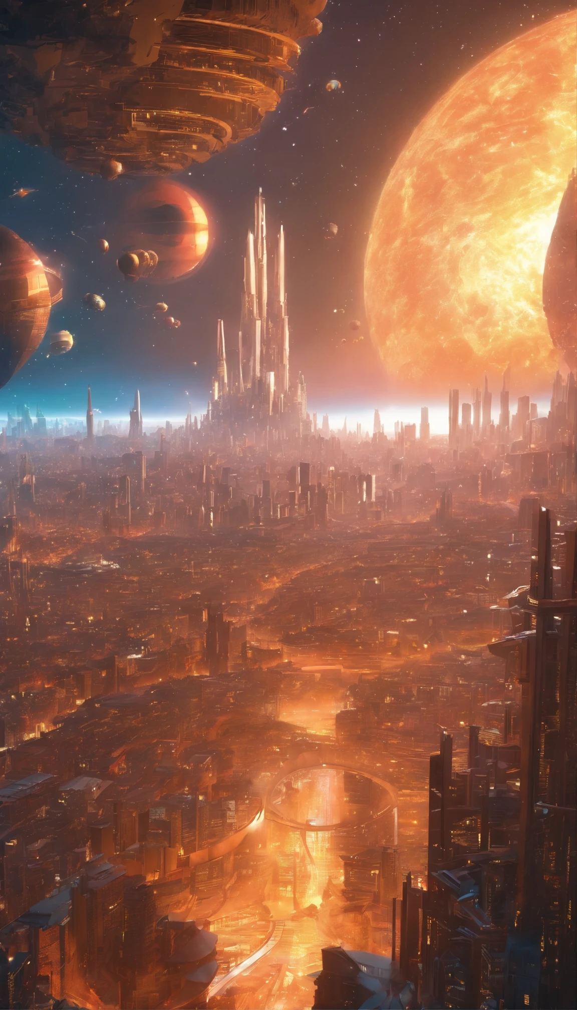 ((Ultra-fine masterpiece)) - Majestic images of huge sci-fi cities: In the endlessly expanding universe、A huge and mysterious city stretches into infinity、A breathtaking view of science fiction art。This magnificent metropolis suspended above the earth、Drifting among the countless planets floating in the sky、Casting an enchanting spell。With swirling nebulae and swirling cosmic dust dancing around it、The city&#39;s celestial architecture sparkles with an otherworldly blend of elegance and strength.。Decorated with rainbow-colored energy scars