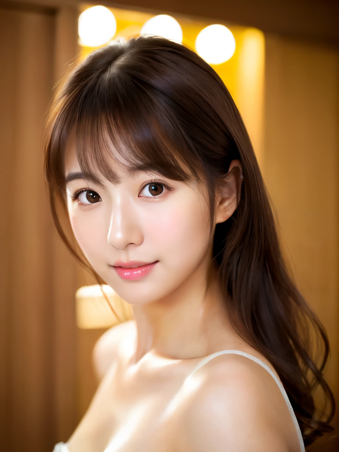 ((cute japanese girl、beautiful japanese girl、1 girl、clear、19 years old、ponytail、Highly detailed face and skin texture、refinement、super detailed face、super detailed eyes、Red、blush、cheek、Pink cheeks、close up of a woman、 from the neck up、 Close to the camera、 positive face、forward facing body、looking at the camera、front、cute、smooth white skin、Transparent skin texture、))、(dark brown hair、bangs)、beautiful woman with perfect style:1.4、Japan models、young gravure idol、Young cute gravure idol、Realistic young gravure idol、sophisticated gravure idol、((highest quality、8K、masterpiece:1.3、1Photo))、(4K、RAW photo、highest quality)、(realistic、Photo realistic:1.37)、Place a person across the screen、Natural light、professional lighting、F cup、big breasts、big breasts、Beautiful and well-shaped breasts、